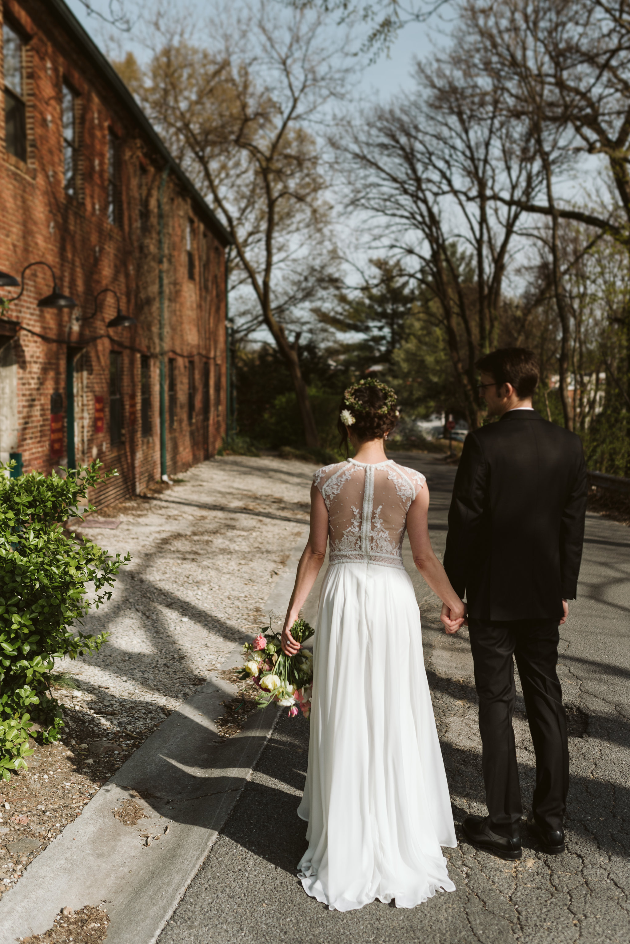  Baltimore, Maryland Wedding Photographer, Hampden, Eco-Friendly, Green, The Elm, Simple and Classic, Vintage, La Vie En Blanc Illusion Dress, Bride and Groom Holding Hands 