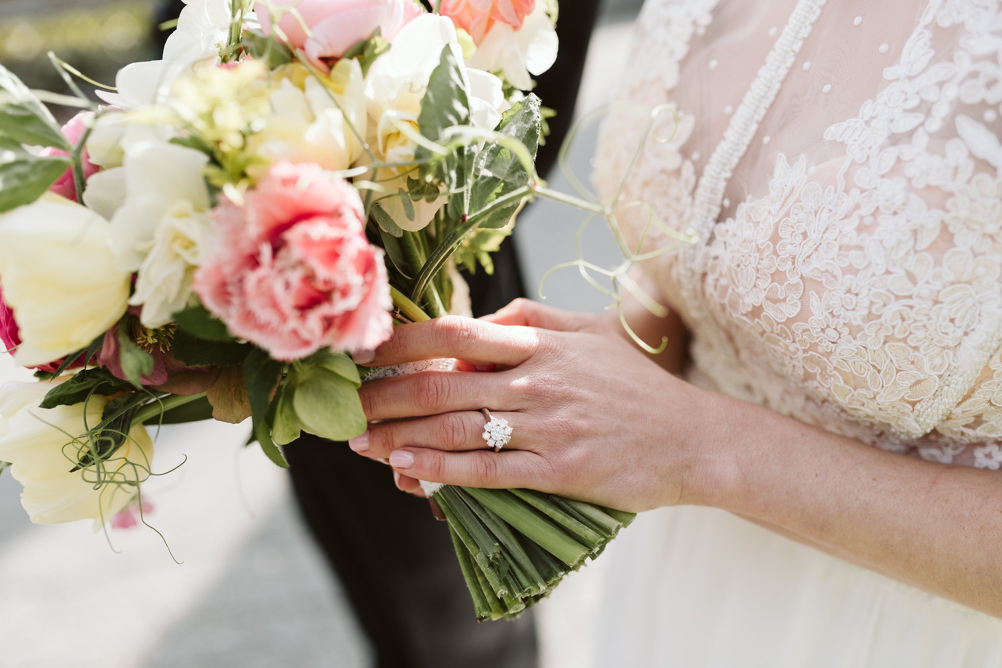  Baltimore, Maryland Wedding Photographer, Hampden, Eco-Friendly, Green, The Elm, Simple and Classic, Vintage, Detail Photo of Engagement Ring and Bridal Bouquet, Local Color Flowers, Sofia Zakia 