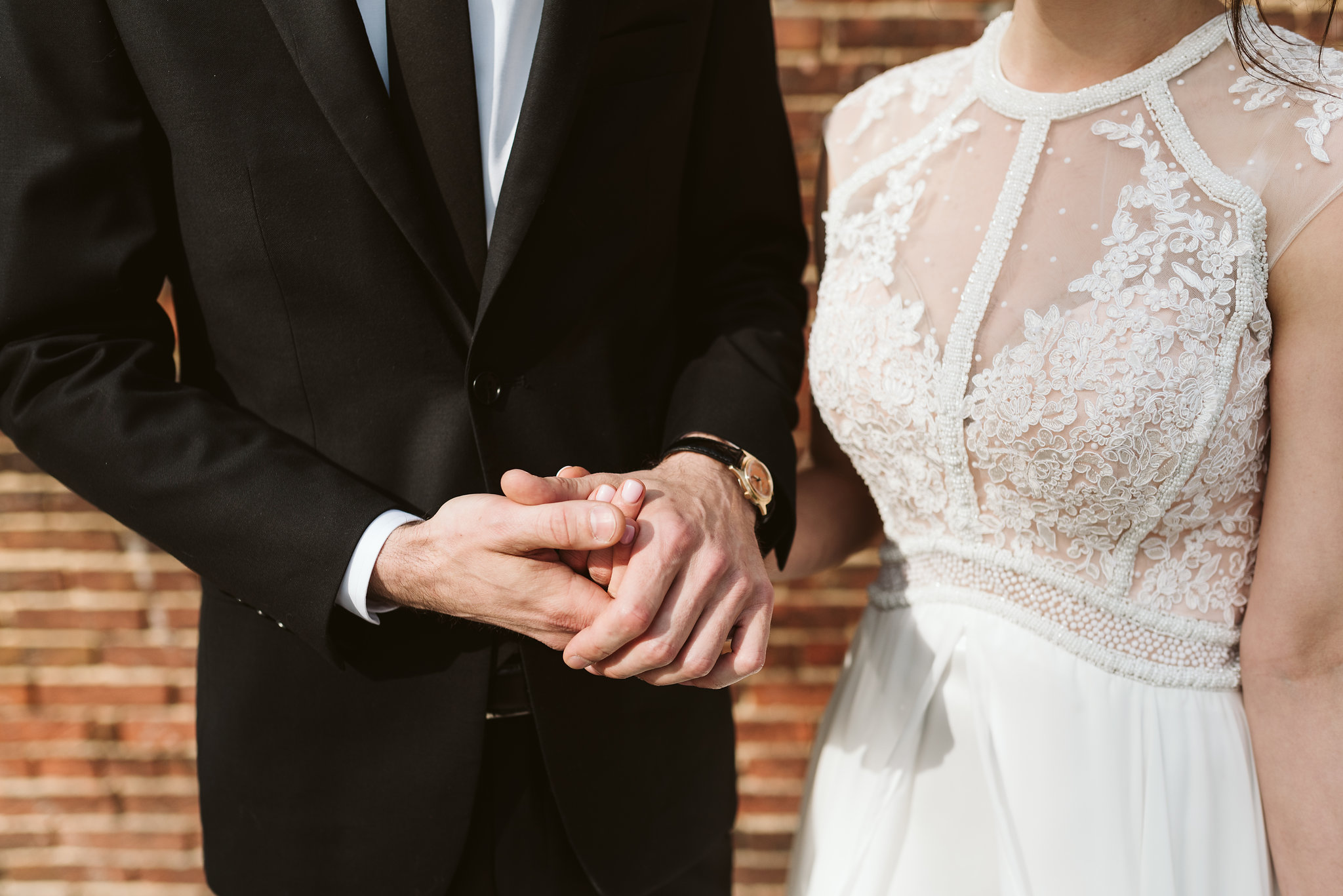  Baltimore, Maryland Wedding Photographer, Hampden, Eco-Friendly, Green, The Elm, Simple and Classic, Vintage, Closeup Photo of Groom Holding Bride’s Hand, La Vie En Blanc Dress 