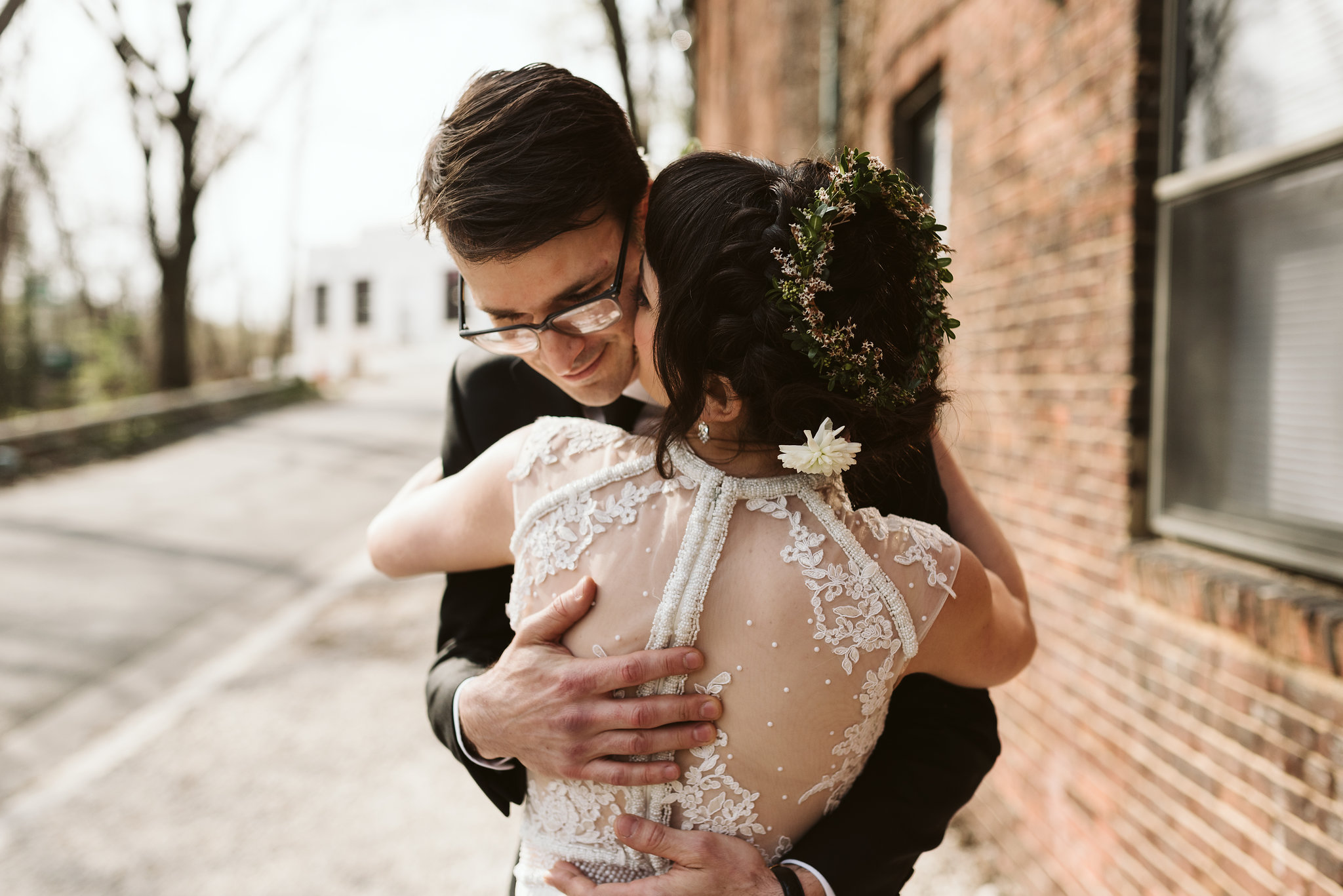  Baltimore, Maryland Wedding Photographer, Hampden, Eco-Friendly, Green, The Elm, Simple and Classic, Vintage, Smoke and Mirrors Salon, La Vie En Blanc Dress, Bride and Groom Hugging Outside 