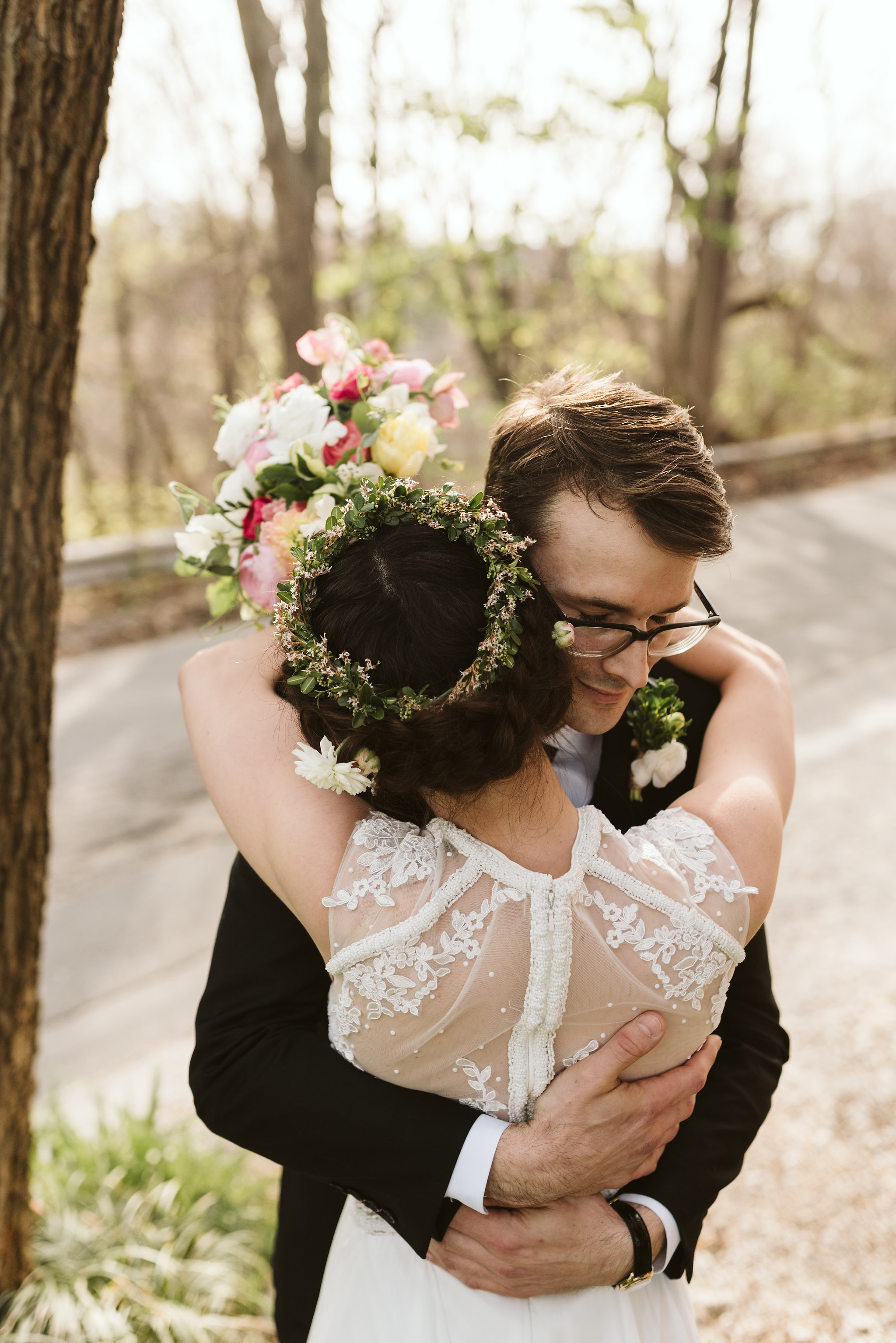  Baltimore, Maryland Wedding Photographer, Hampden, Eco-Friendly, Green, The Elm, Simple and Classic, Vintage, Bride and Groom Hugging in the Sun, Flower Crown, Local Color Flowers, La Vie En Blanc 