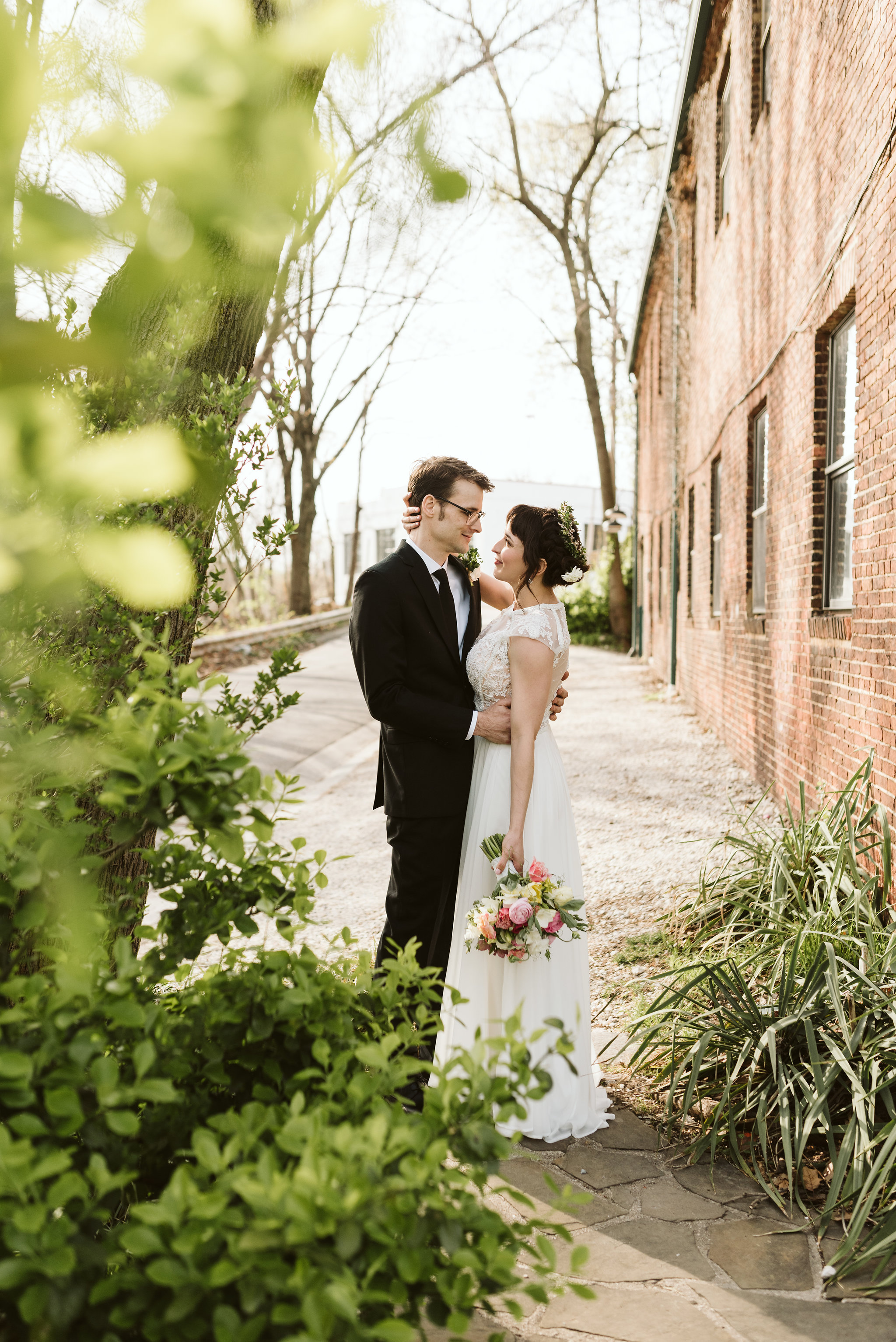  Baltimore, Maryland Wedding Photographer, Hampden, Eco-Friendly, Green, The Elm, Simple and Classic, Vintage, Bride and Groom Looking into Each Other’s Eyes, Photo Through the Trees 