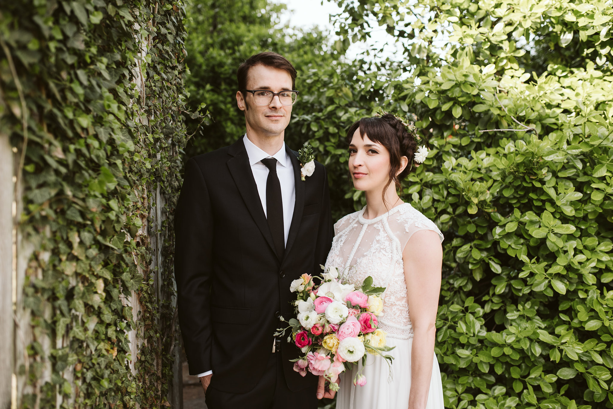  Baltimore, Maryland Wedding Photographer, Hampden, Eco-Friendly, Green, The Elm, Simple and Classic, Vintage, Portrait of Bride and Groom in Front of Greenery, Smoke and Mirrors Salon, Christina Somensky 