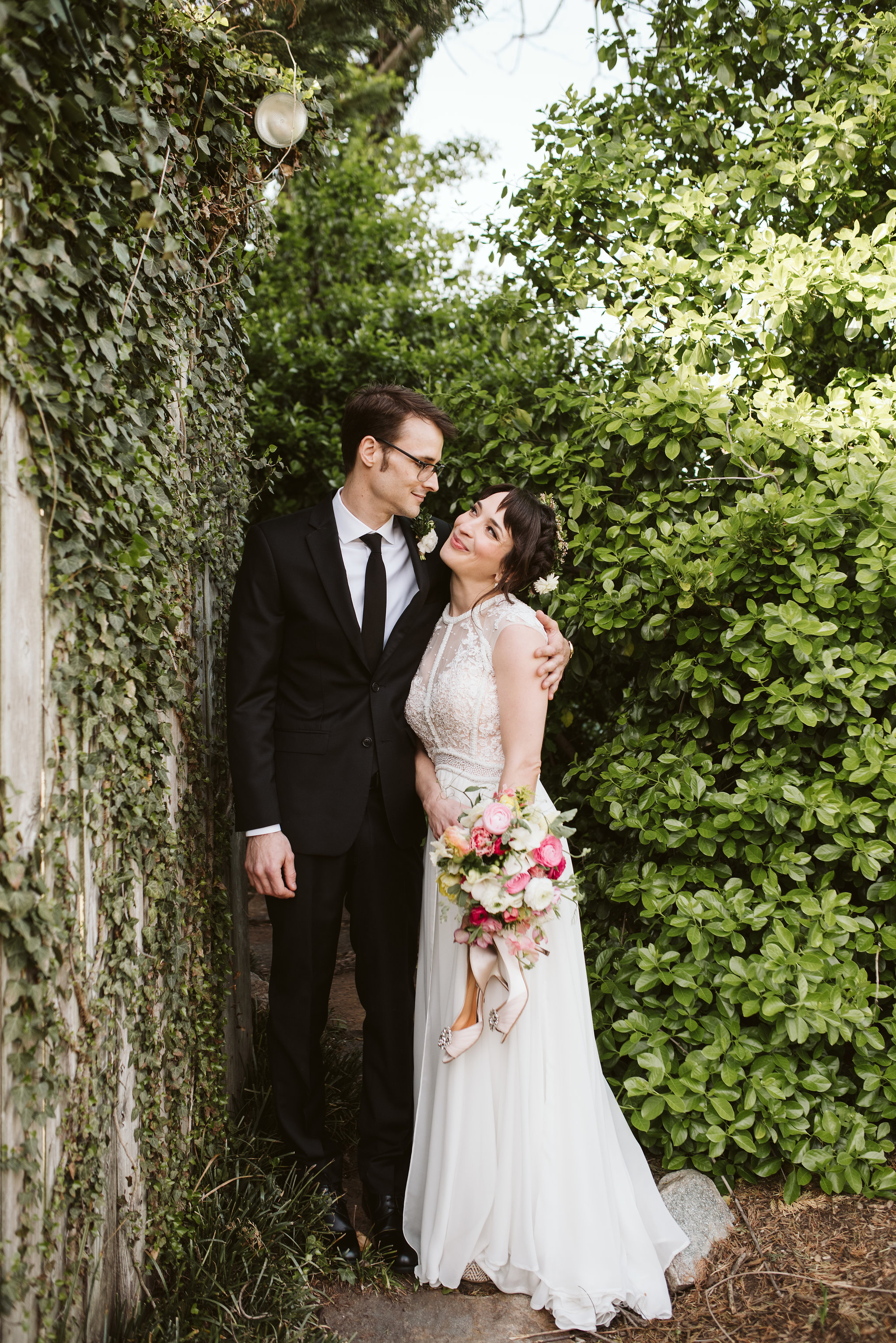  Baltimore, Maryland Wedding Photographer, Hampden, Eco-Friendly, Green, The Elm, Simple and Classic, Vintage, Portrait of Bride and Groom in Front of Greenery, Smoke and Mirrors Salon, Christina Somensky Makeup 