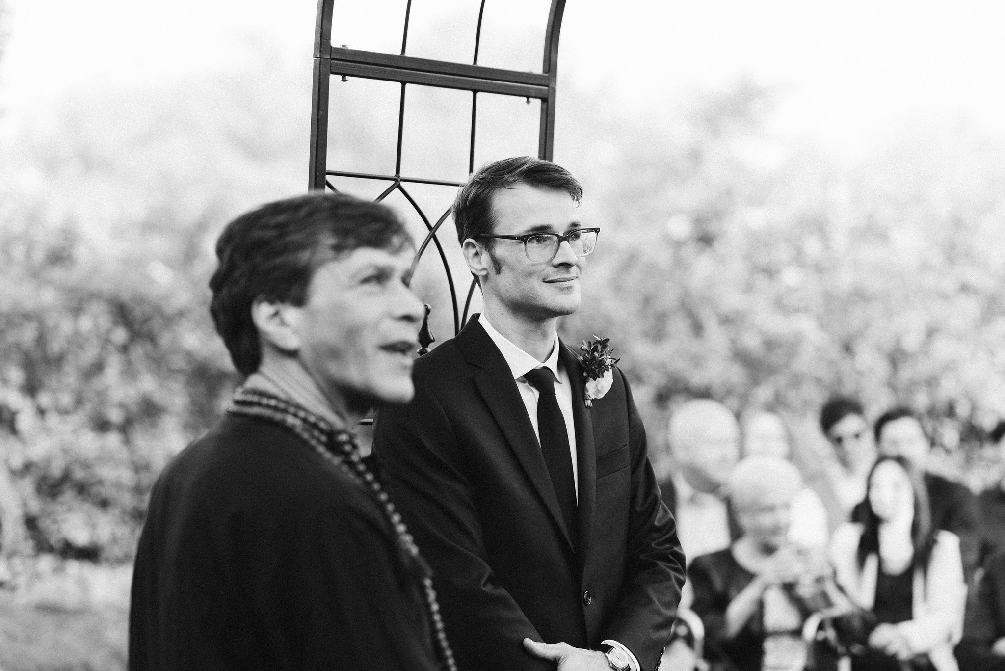  Baltimore, Maryland Wedding Photographer, Hampden, Eco-Friendly, Green, The Elm, Simple and Classic, Vintage, Groom Waiting at the End of the Aisle, Black and White Photo 