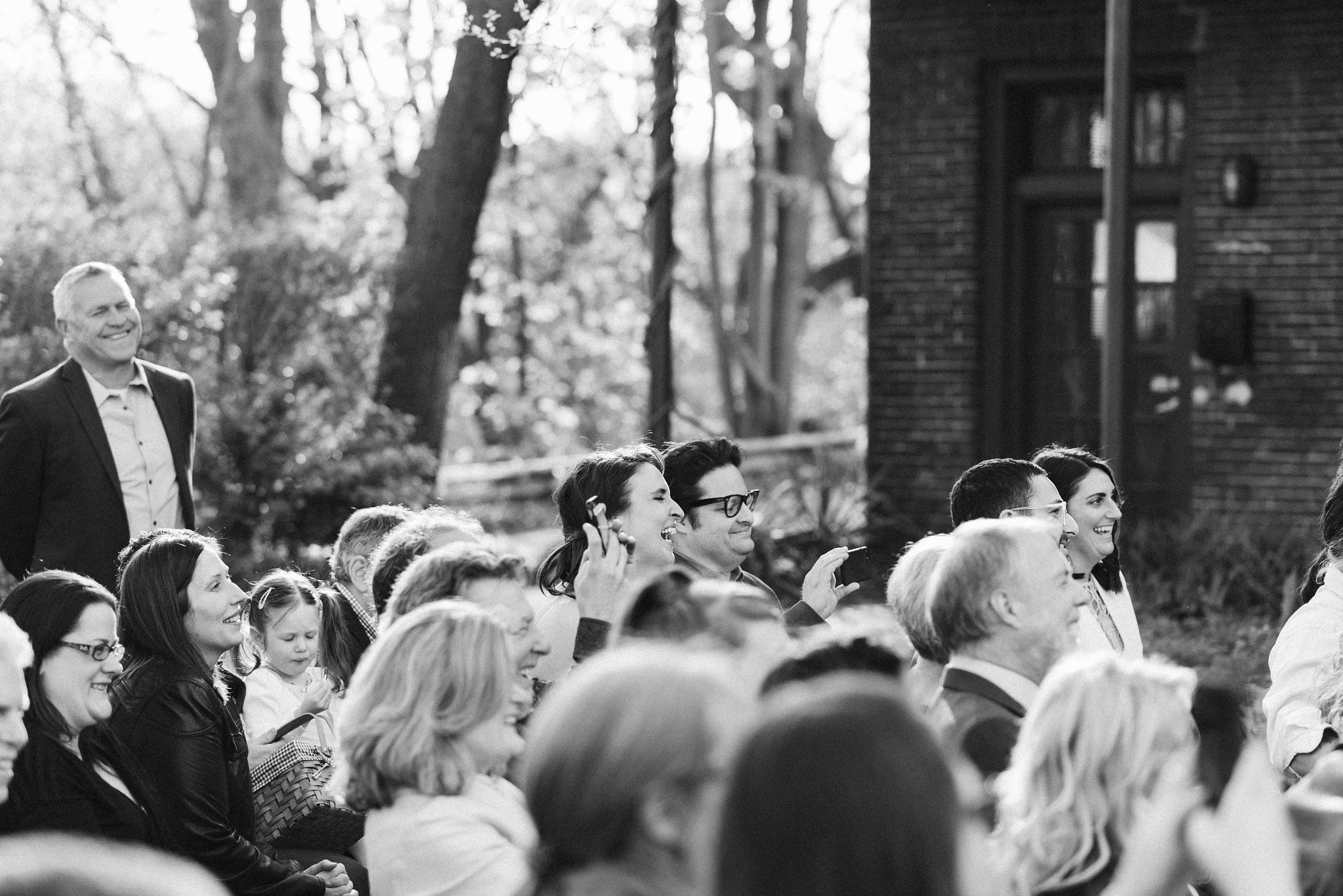  Baltimore, Maryland Wedding Photographer, Hampden, Eco-Friendly, Green, The Elm, Simple and Classic, Vintage, Family and Friends Laughing During Outdoor Ceremony, Black and White Photo 