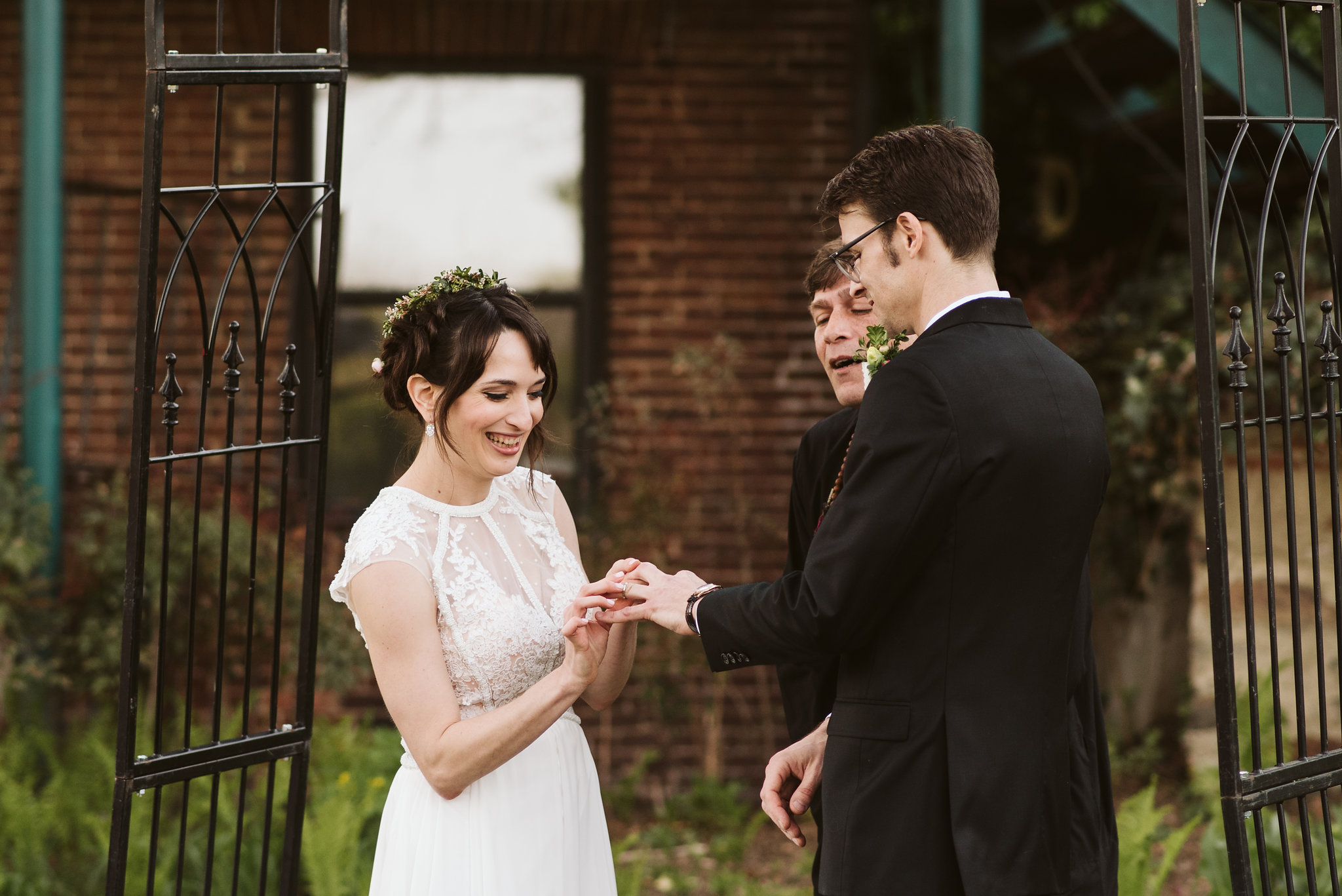  Baltimore, Maryland Wedding Photographer, Hampden, Eco-Friendly, Green, The Elm, Simple and Classic, Vintage, Bride and Groom Exchanging Rings, La Vie En Blanc Dress, Outdoor Ceremony 
