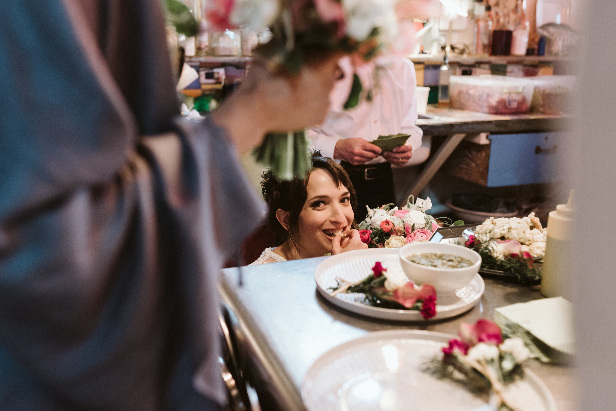  Baltimore, Maryland Wedding Photographer, Hampden, Eco-Friendly, Green, The Elm, Simple and Classic, Vintage, Bride Sneaking Food at Reception 