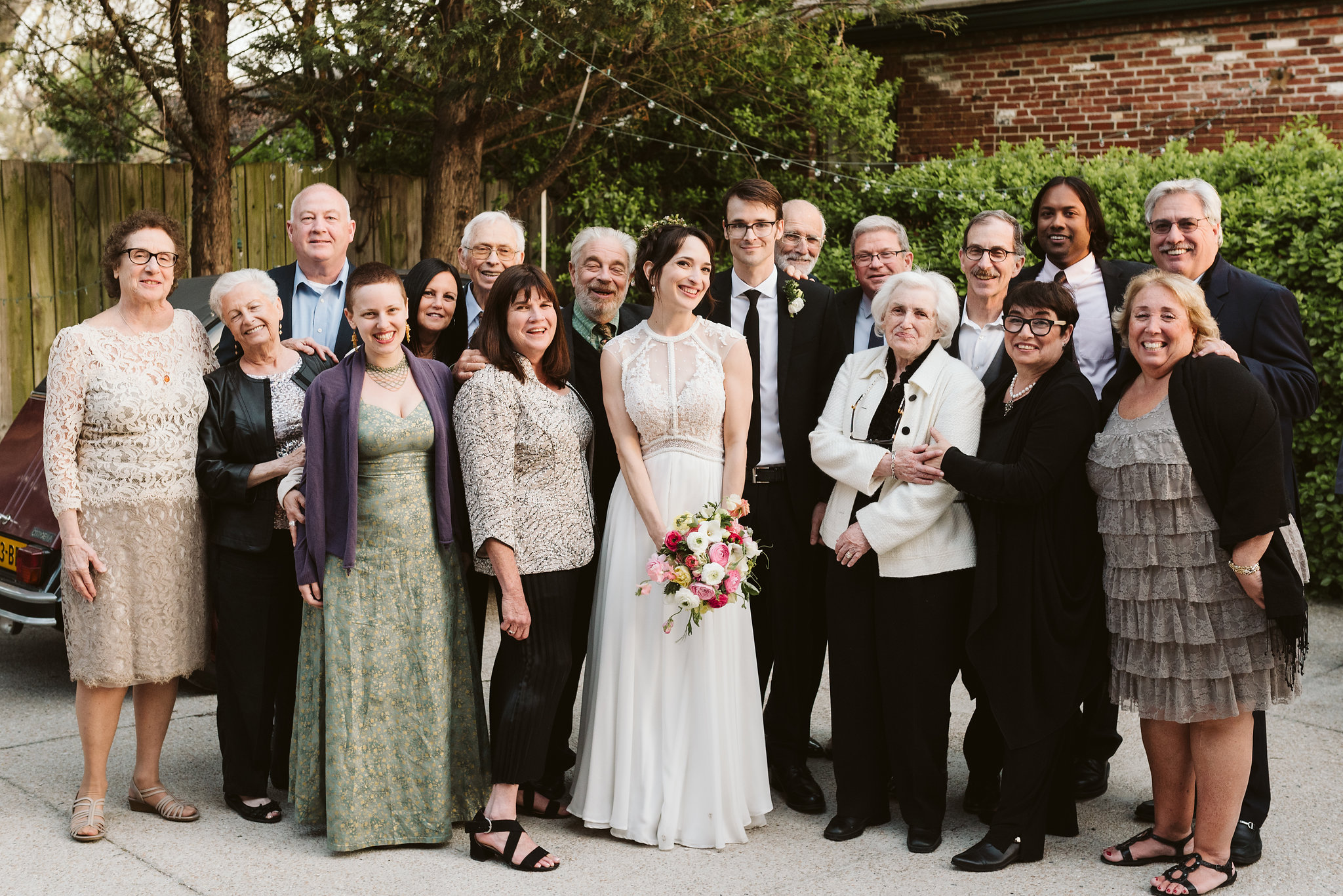  Baltimore, Maryland Wedding Photographer, Hampden, Eco-Friendly, Green, The Elm, Simple and Classic, Vintage, Portrait of Bride and groom Surrounded by Friends and Family 