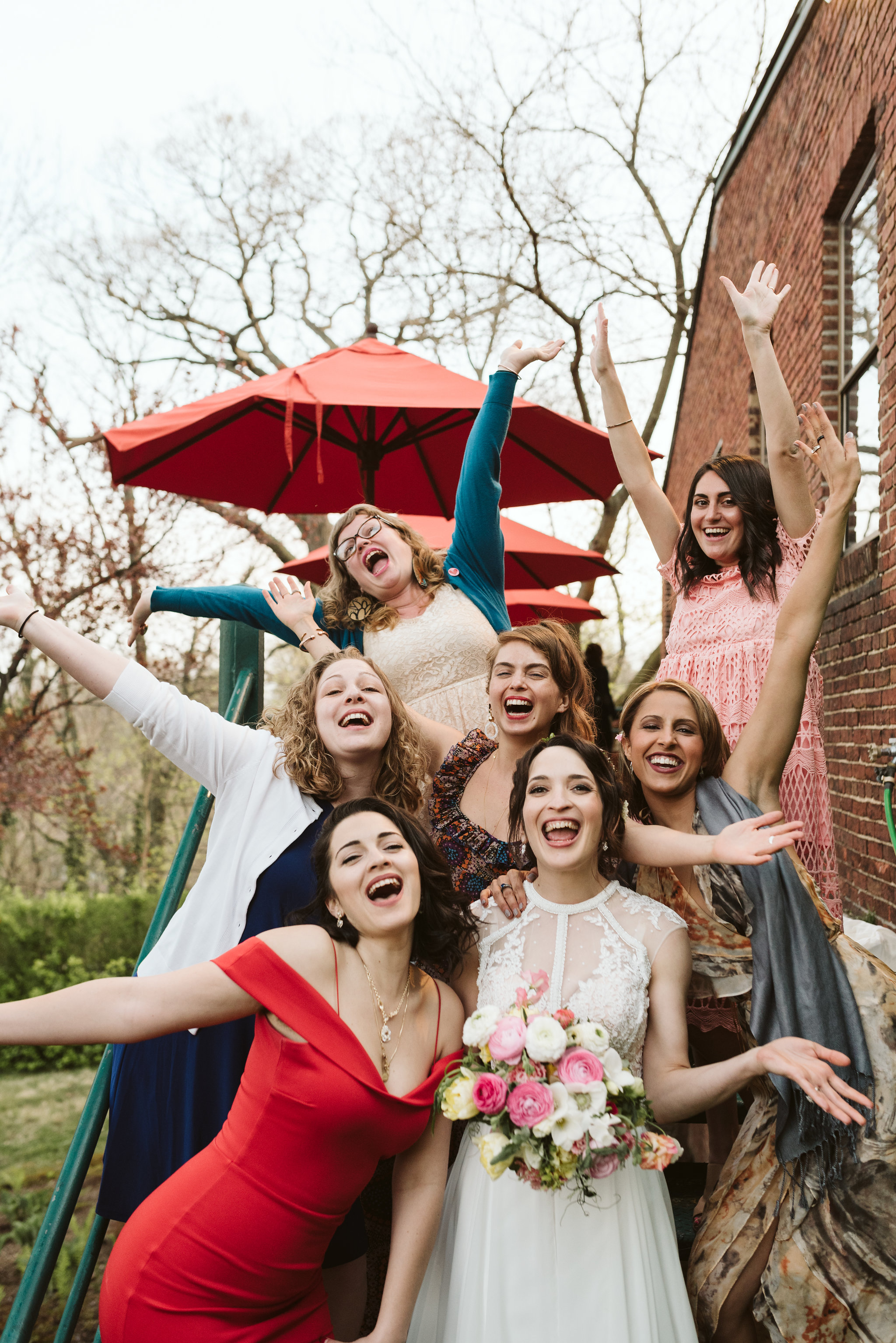  Baltimore, Maryland Wedding Photographer, Hampden, Eco-Friendly, Green, The Elm, Simple and Classic, Vintage, Fun Portrait of Bride with Friends on Staircase 