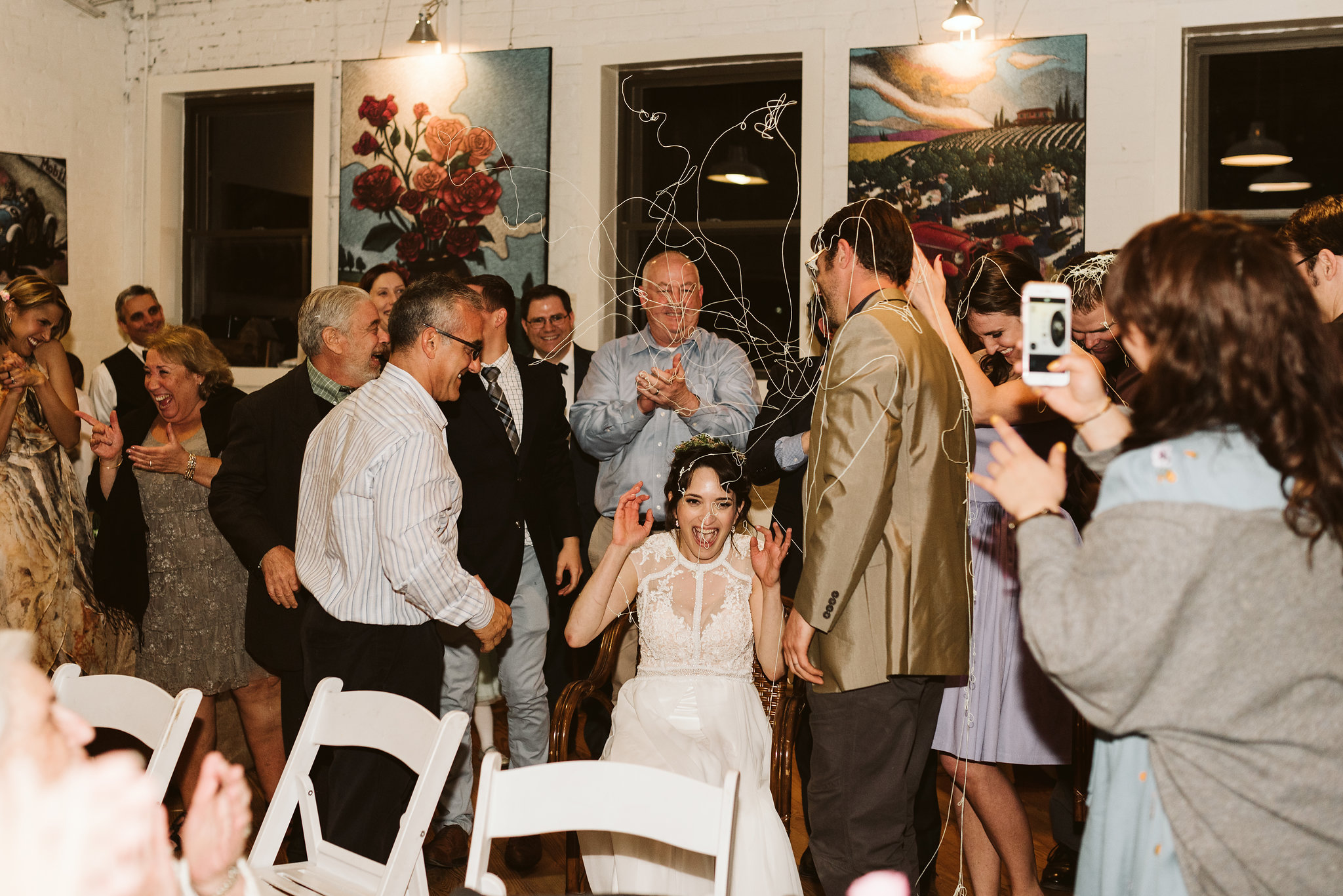  Baltimore, Maryland Wedding Photographer, Hampden, Eco-Friendly, Green, The Elm, Simple and Classic, Vintage, Fun Photo of Bride Being Sprayed with Silly String 