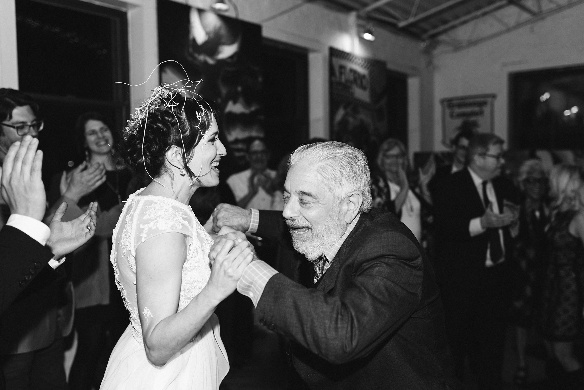  Baltimore, Maryland Wedding Photographer, Hampden, Eco-Friendly, Green, The Elm, Simple and Classic, Vintage, Bride Dancing with Family, Black and White Photo 