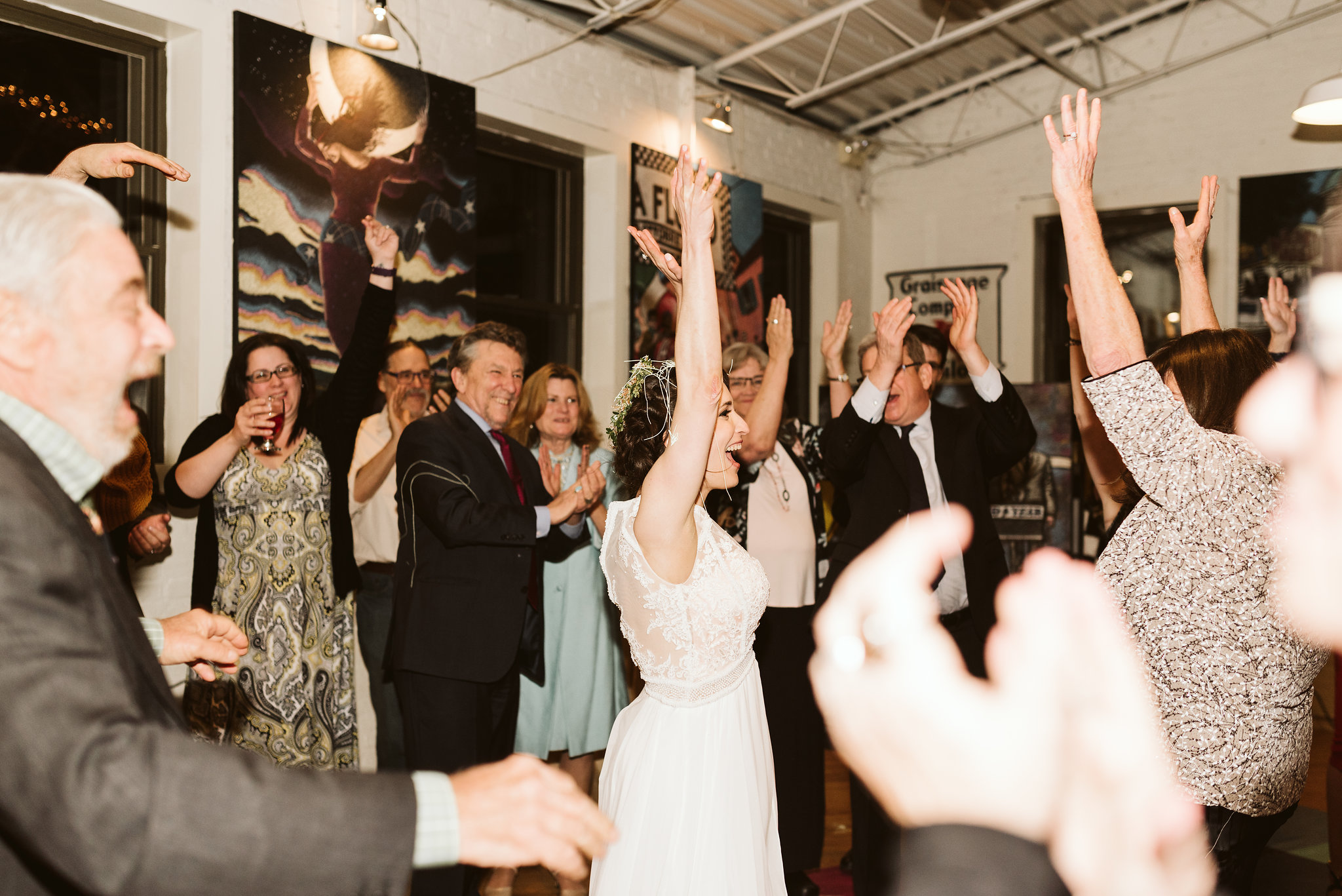  Baltimore, Maryland Wedding Photographer, Hampden, Eco-Friendly, Green, The Elm, Simple and Classic, Vintage, Bride Cheering at Reception While Surrounded by Family and Friends 