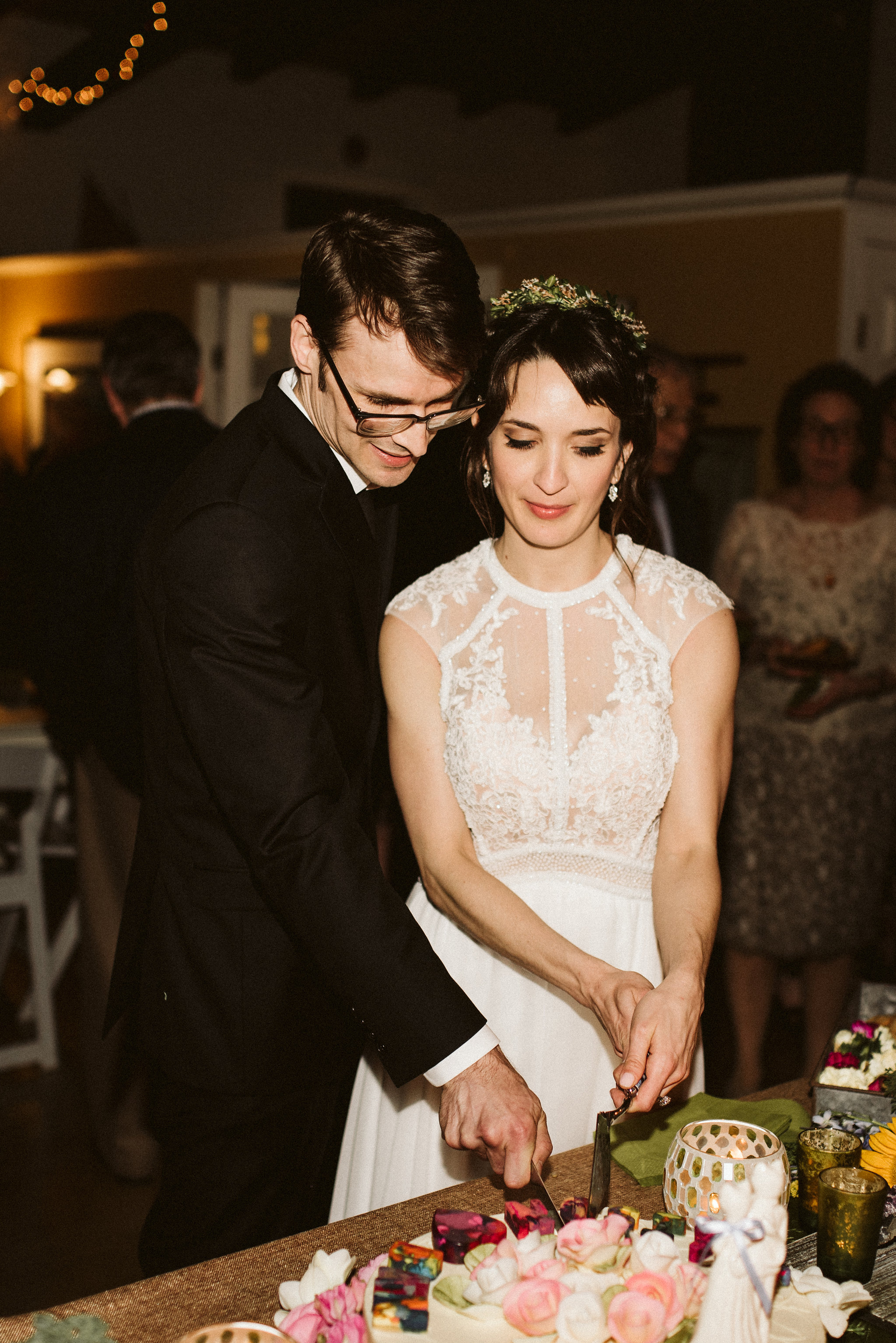  Baltimore, Maryland Wedding Photographer, Hampden, Eco-Friendly, Green, The Elm, Simple and Classic, Vintage, Bride and Groom Cutting the Cake at Reception, Patisserie Poupon Cake 