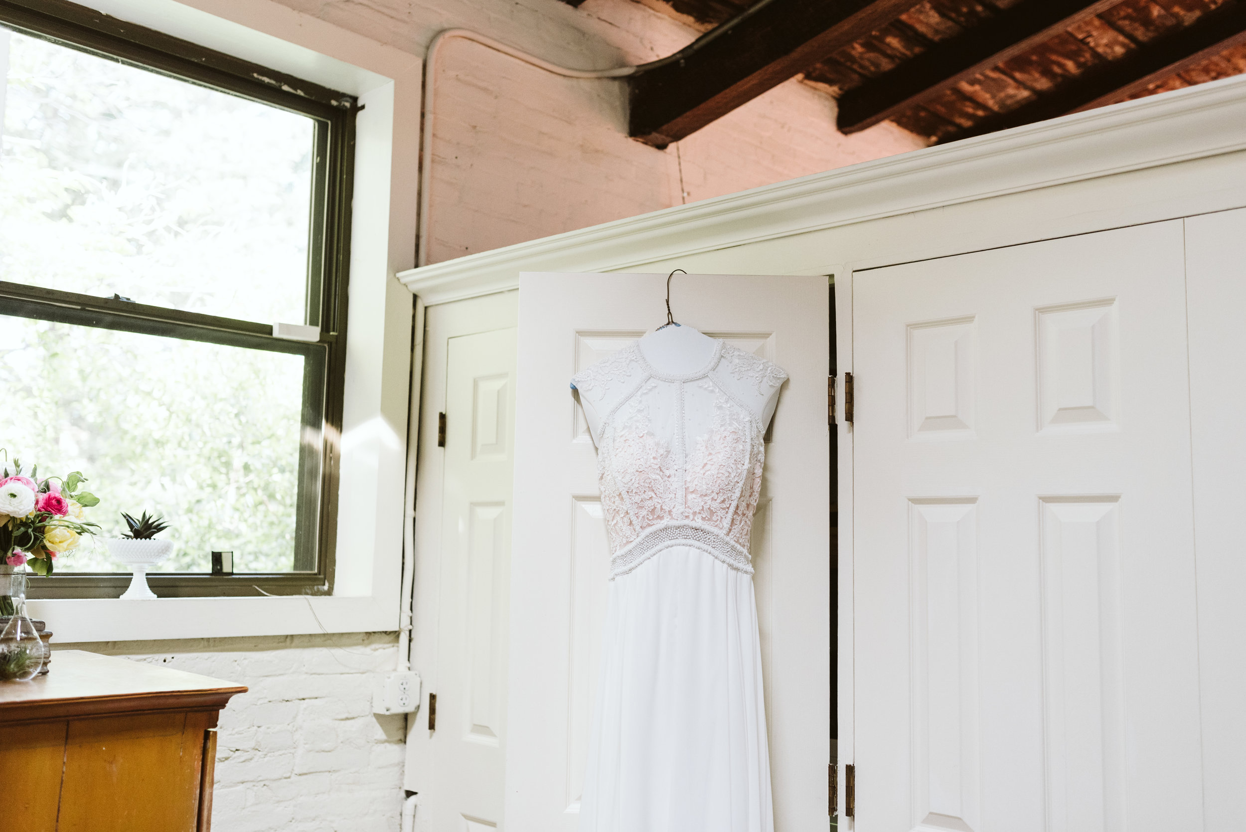  Baltimore, Maryland Wedding Photographer, Hampden, Eco-Friendly, Green, The Elm, Simple and Classic, Vintage, Detail Photo of Wedding Dress Hanging, La Vie En Blanc 