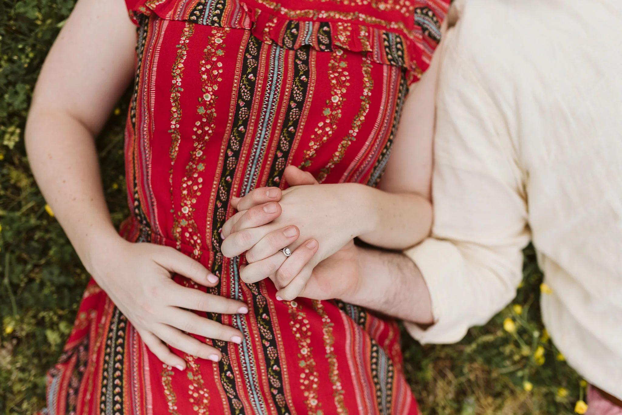 Engagement Photos, Patterson Park, Baltimore, Maryland Wedding Photographer, Casual, Fun, Nature, Bride and Groom Holding Hands, Detail Photo of Engagement Ring