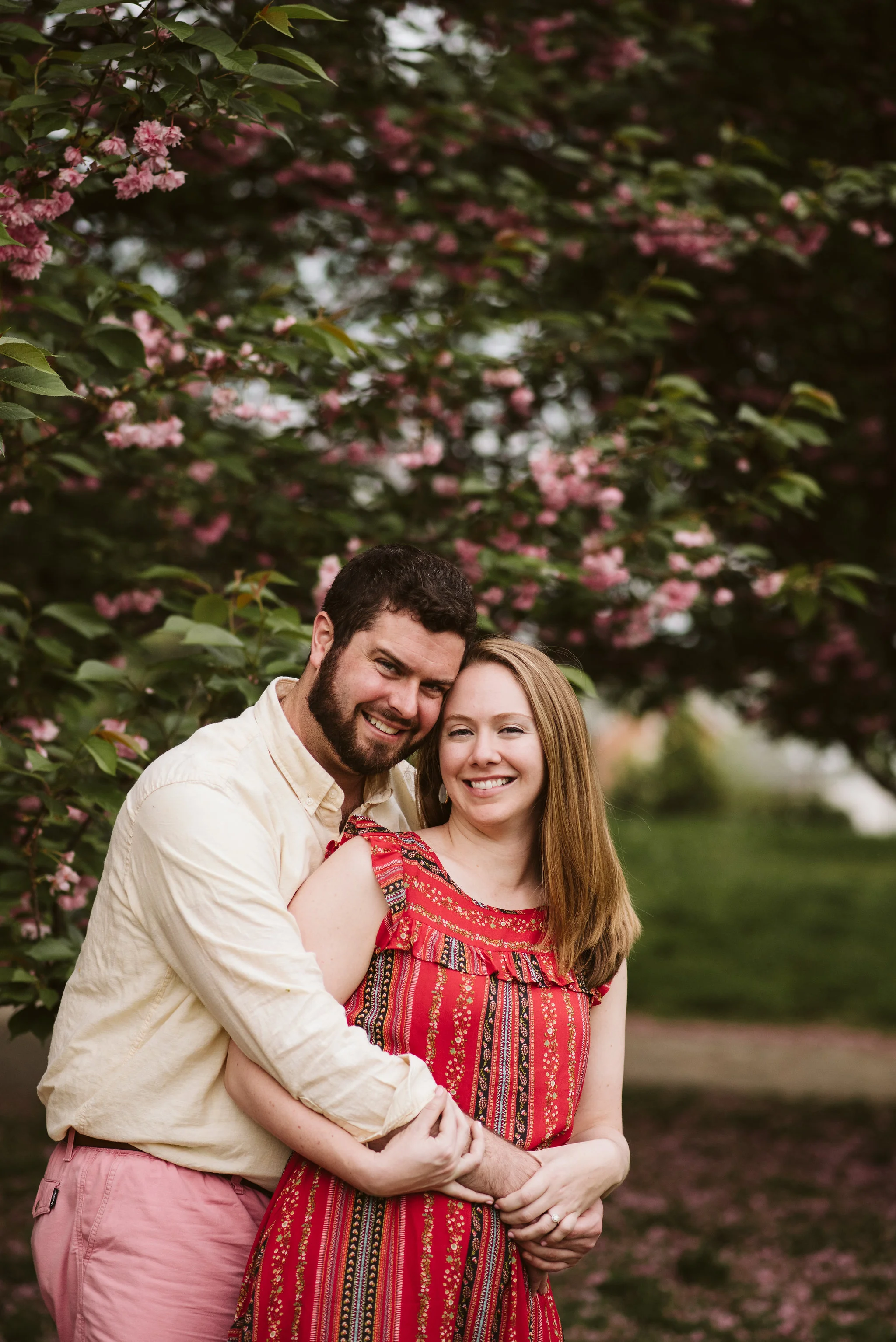 Engagement Photos, Patterson Park, Baltimore, Maryland Wedding Photographer, Casual, Fun, Nature, Portrait of Bride and Groom Under Flowering Tree, Crape Myrtle, Spring