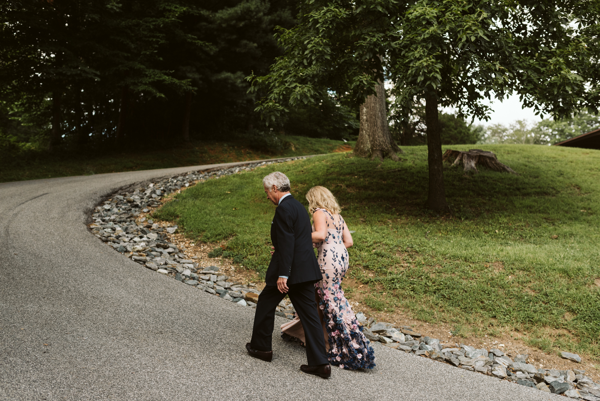 Pop-up Ceremony, Outdoor Wedding, Casual, Simple, Lake Roland, Baltimore, Maryland Wedding Photographer, Laid Back, DIY, Park, Dad Walking Bride Up Path, Camp Wedding, Marchesa Notte Dress