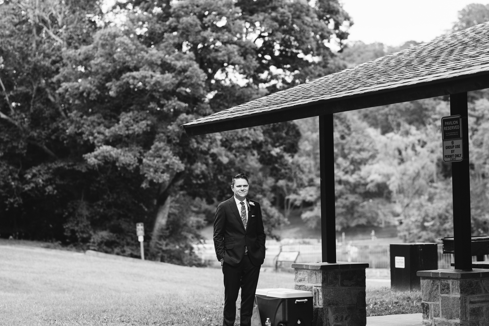 Pop-up Ceremony, Outdoor Wedding, Casual, Simple, Lake Roland, Baltimore, Maryland Wedding Photographer, Laid Back, Groom Waiting for Bride, Camp Wedding, Suit Supply, Black and White Photo