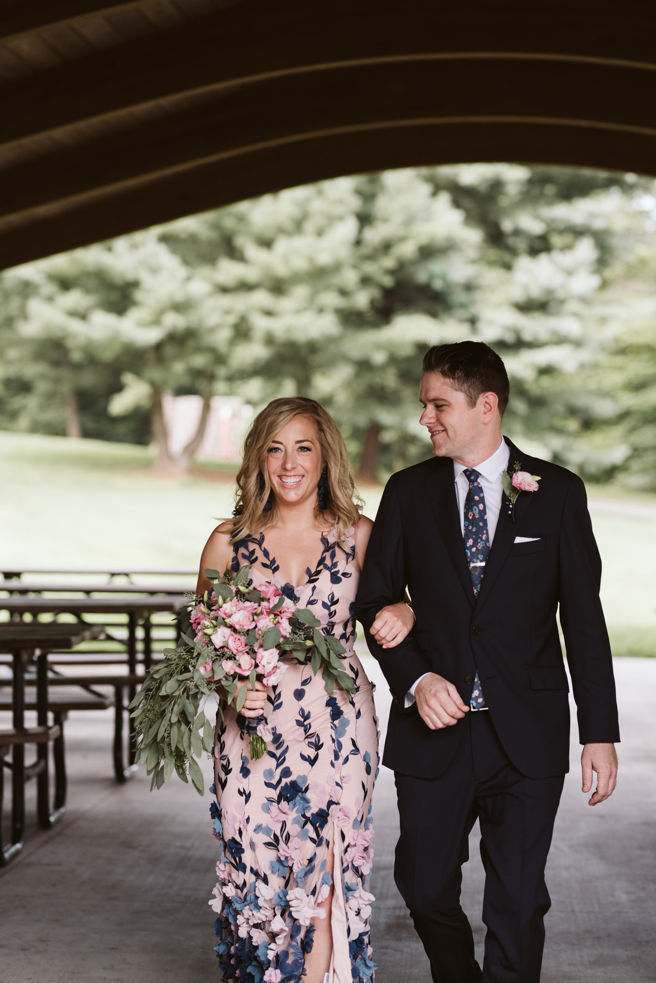 Pop-up Ceremony, Outdoor Wedding, Casual, Simple, Lake Roland, Baltimore, Maryland Wedding Photographer, Laid Back, DIY, Bride and Groom Walking Down Aisle, Suit Supply, Marchesa Notte Dress