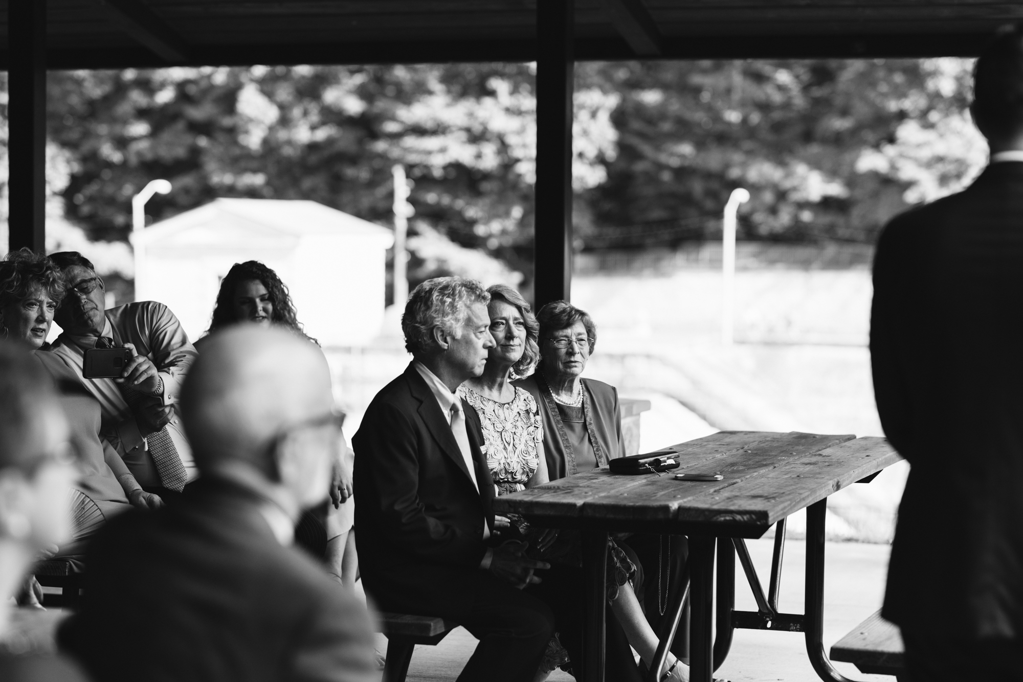 Pop-up Ceremony, Outdoor Wedding, Casual, Simple, Lake Roland, Baltimore, Maryland Wedding Photographer, Laid Back, DIY, Park Pavilion, Black and White Photo, Bride's Reactions During Ceremony