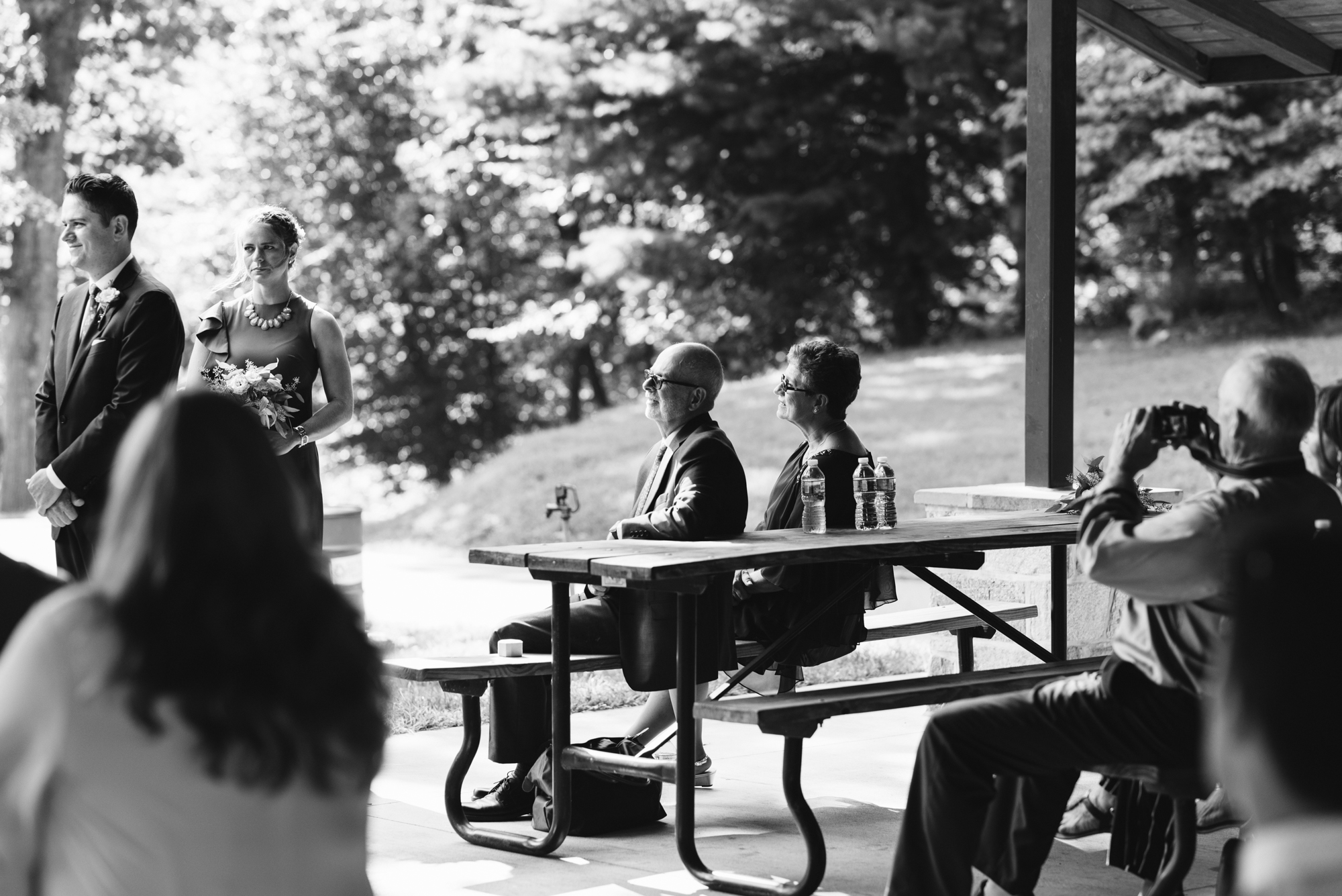 Pop-up Ceremony, Outdoor Wedding, Casual, Simple, Lake Roland, Baltimore, Maryland Wedding Photographer, Laid Back, DIY, Park, Parent's Reactions During Ceremony, Black and White Photo, Park Pavilion