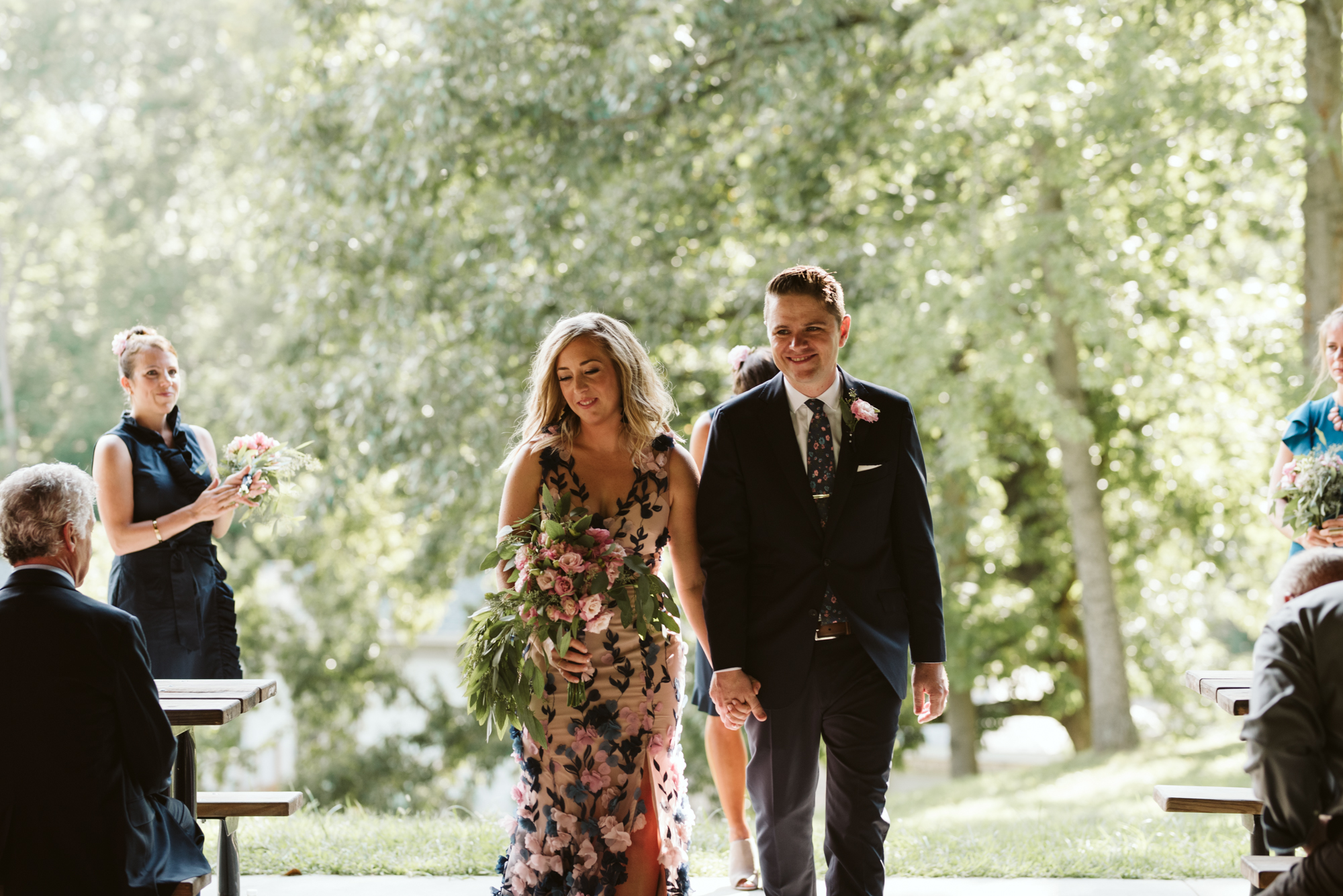 Pop-up Ceremony, Outdoor Wedding, Casual, Simple, Lake Roland, Baltimore, Maryland Wedding Photographer, Laid Back, DIY, Bride and Groom Walking Down Aisle Together, Just Married, Lisianthus Bouquet