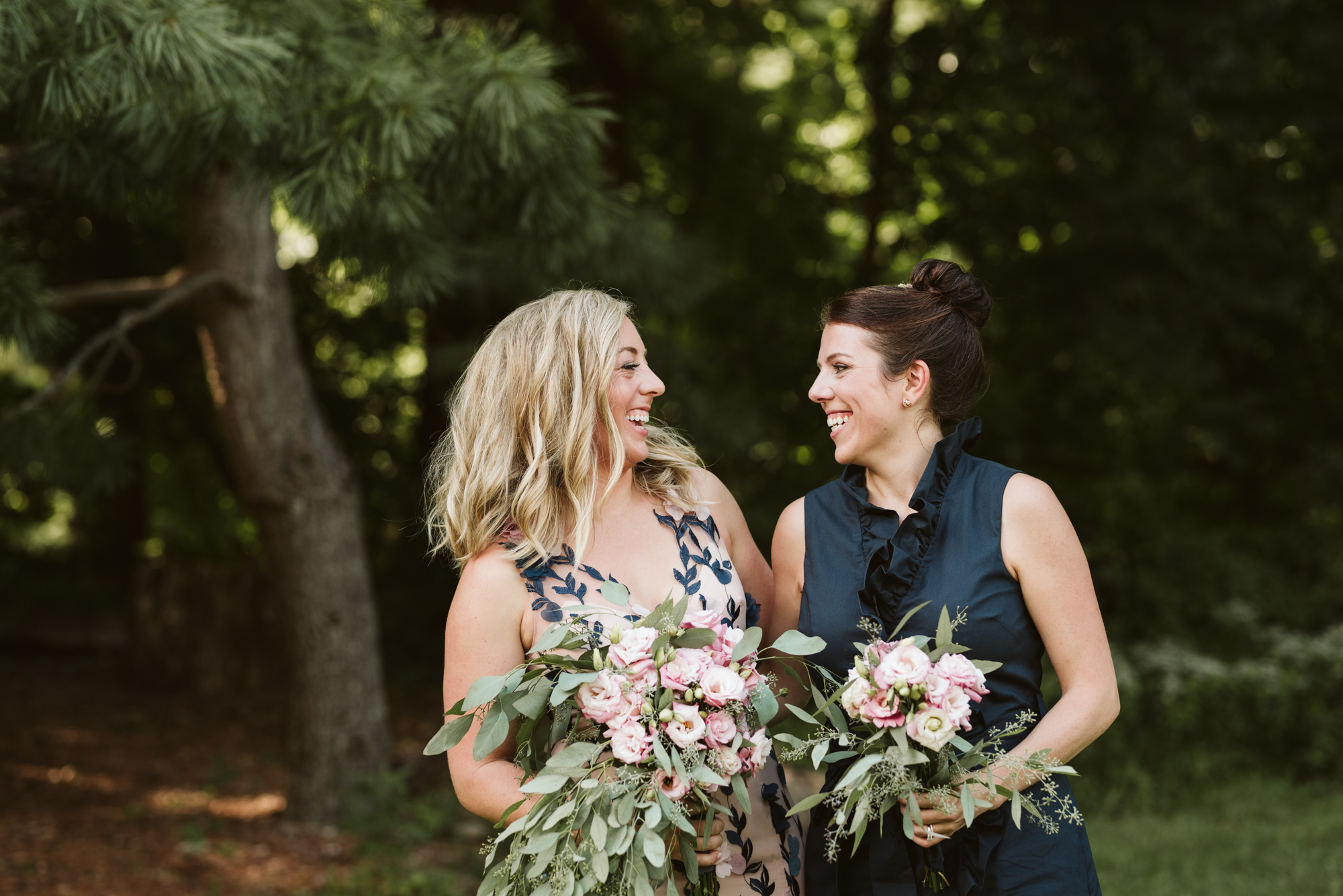 Outdoor Wedding, Casual, Simple, Lake Roland, Baltimore, Maryland Wedding Photographer, Laid Back, DIY Flowers, Bouquet with Eucalyptus and Lisianthus, September, Bride and Maid of Honor Laughing