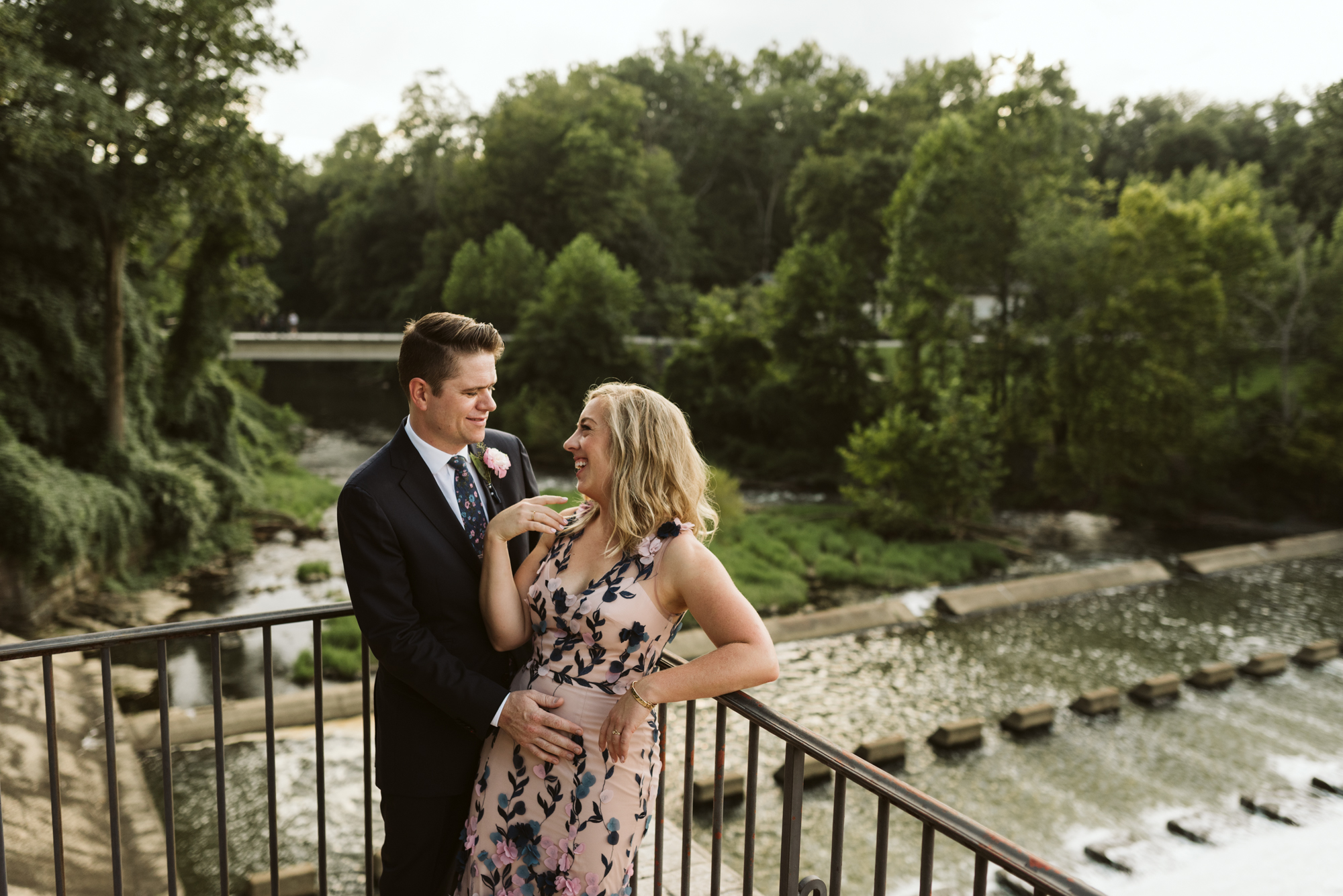 Pop-up Ceremony, Outdoor Wedding, Casual, Simple, Lake Roland, Baltimore, Maryland Wedding Photographer, Laid Back, Bride and Groom Leaning on Bridge, Bonobos Tie