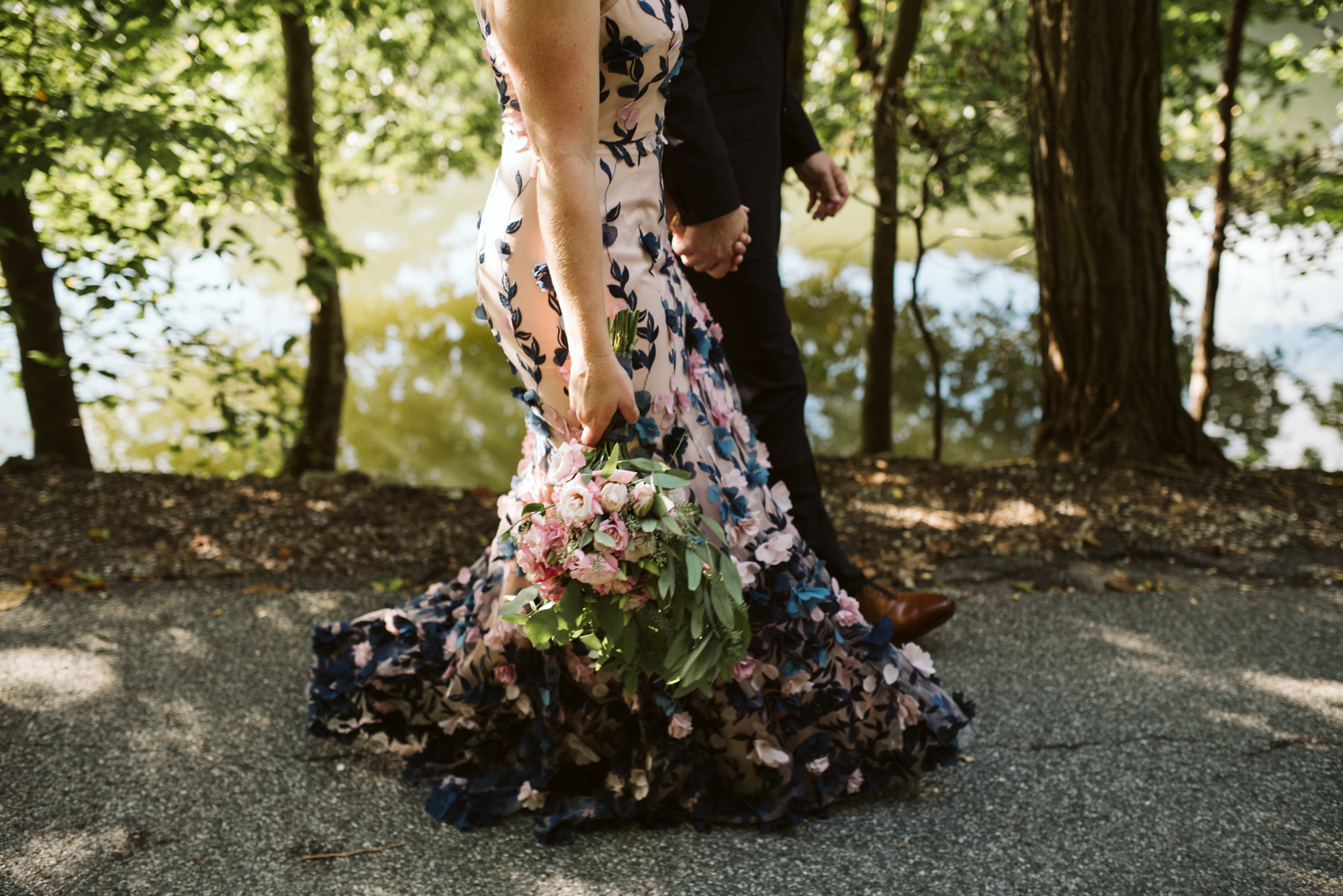 Pop-up Ceremony, Outdoor Wedding, Casual, Simple, Lake Roland, Baltimore, Maryland Wedding Photographer, Laid Back, Bride and Groom Walking, Marchesa Notte Dress, DIY Flowers