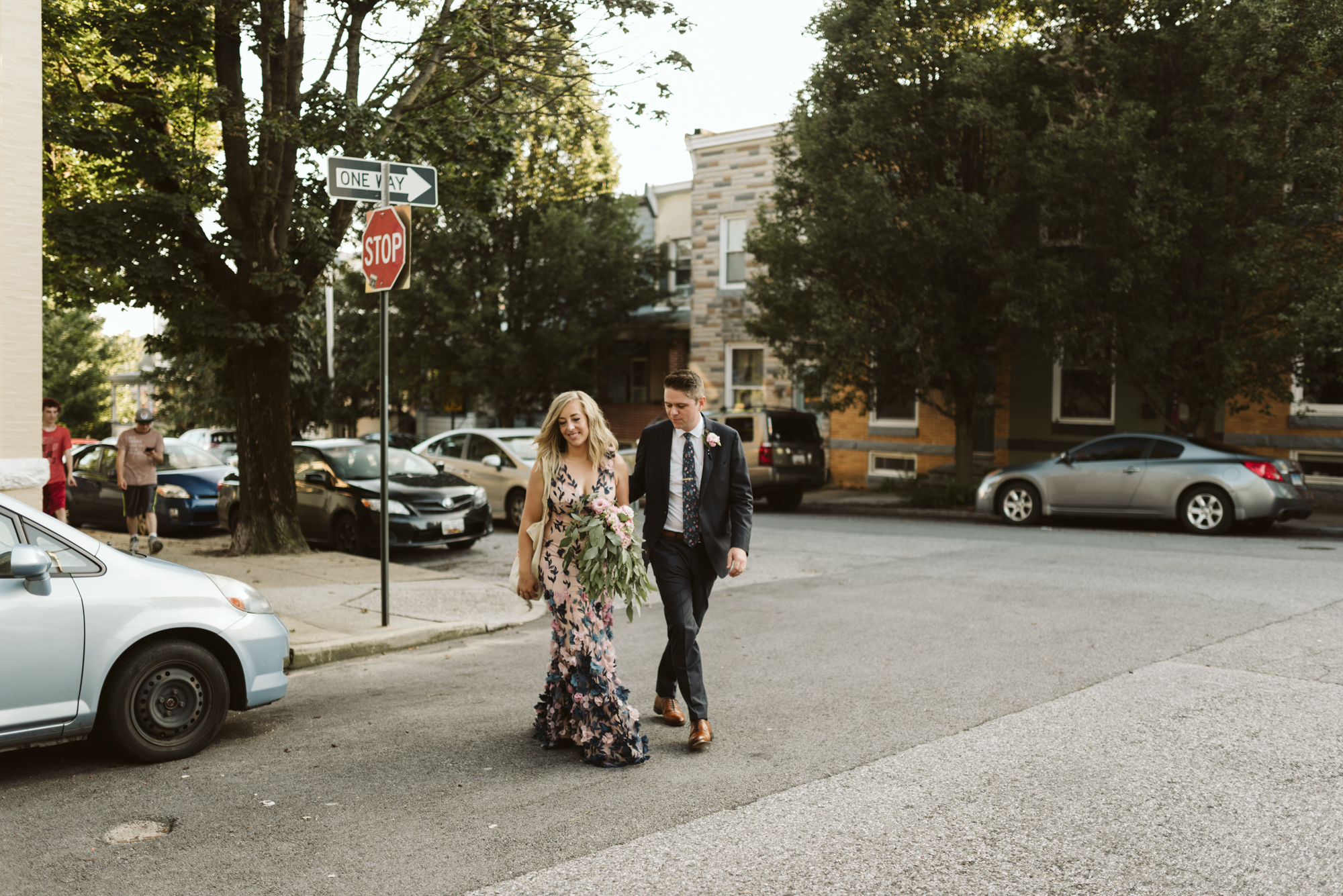 Pop-up Ceremony, Outdoor Wedding, Casual, Simple, Lake Roland, Baltimore, Maryland Wedding Photographer, Laid Back, Couple Walking Down Street in Hampden