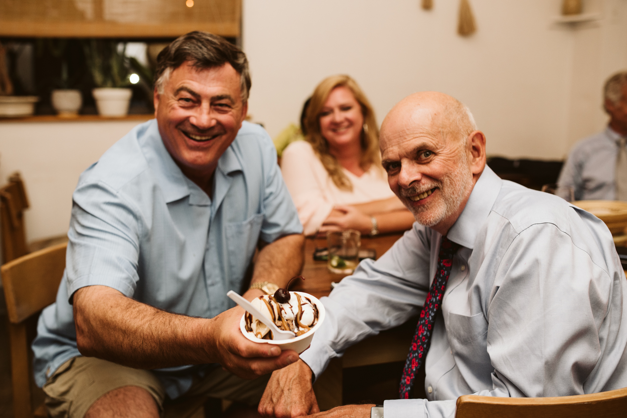 Outdoor Wedding, Casual, Simple, Baltimore, Maryland Wedding Photographer, Laid Back, September Wedding, Guests at Reception Laughing, Ice Cream at Reception, Wedding Dessert