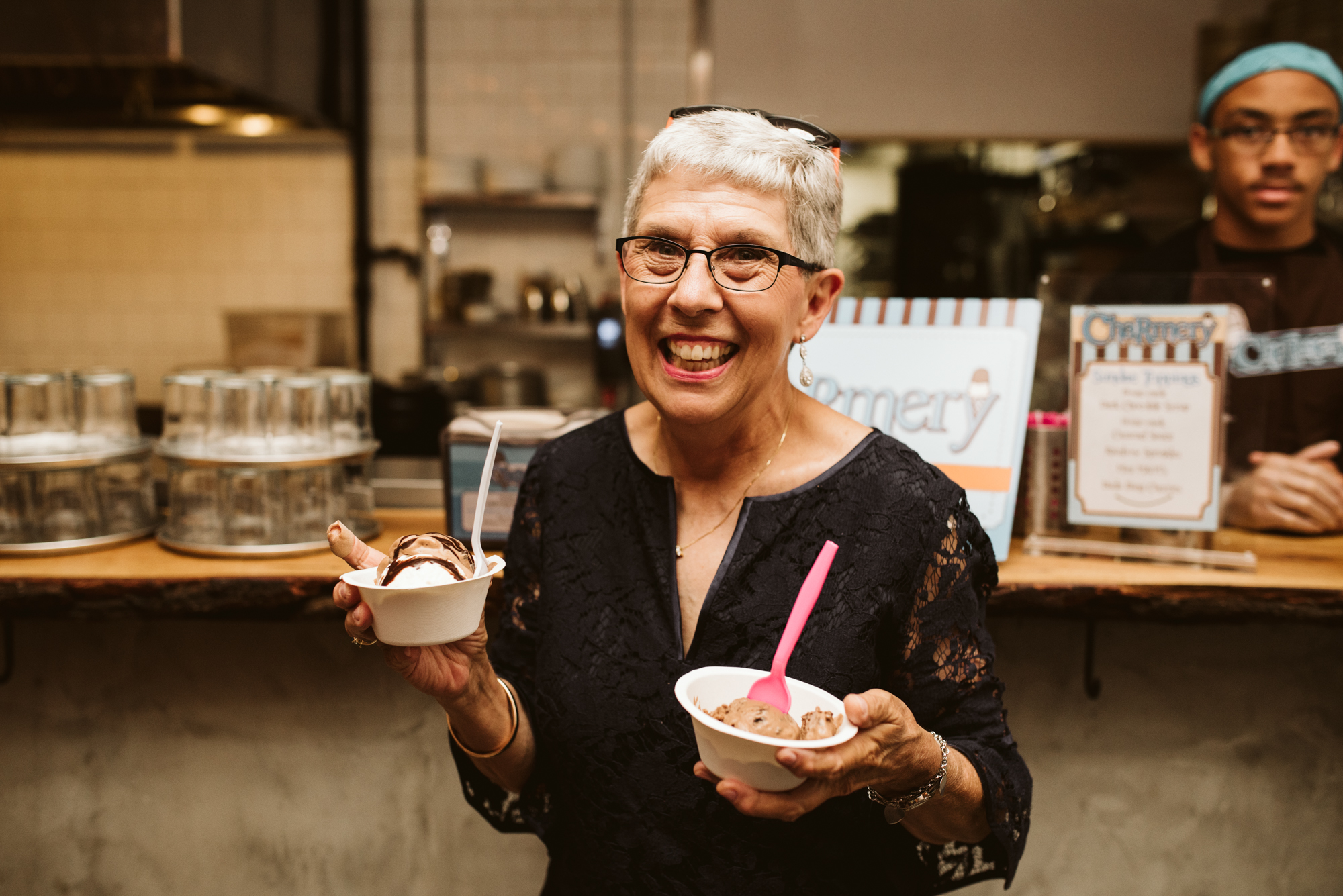 Outdoor Wedding, Casual, Simple, Baltimore, Maryland Wedding Photographer, Laid Back, September Wedding, Wedding Guest Enjoying Dessert, Ice Cream from The Charmery