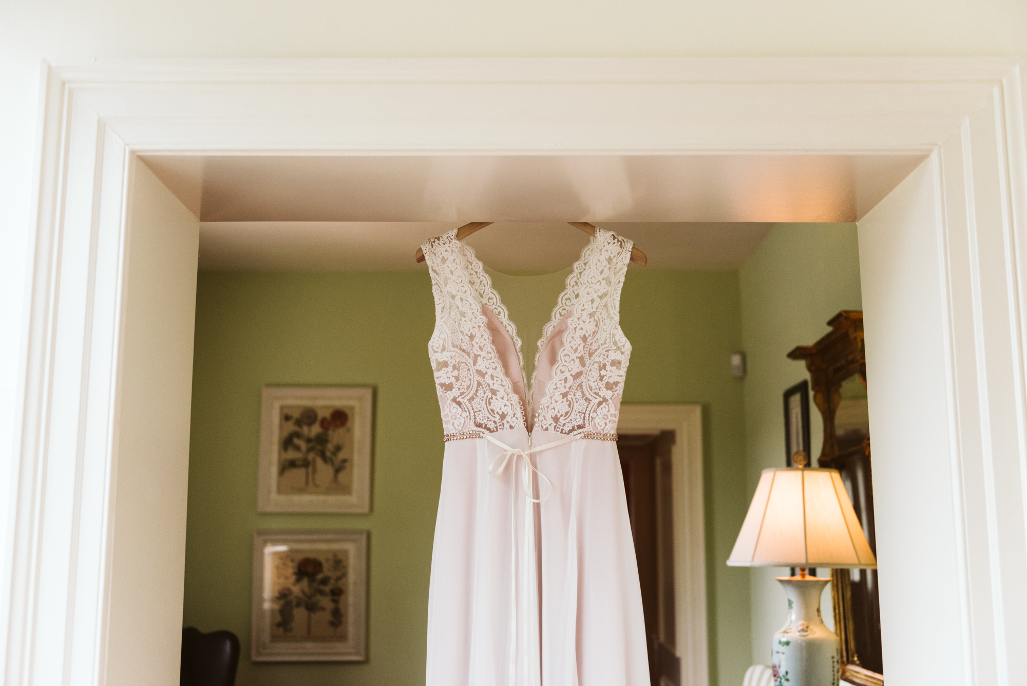 Elegant, Columbia Country Club, Chevy Chase Maryland, Baltimore Wedding Photographer, Classic, Traditional, BHLDN Wedding Dress, The Dress Hanging in Doorway