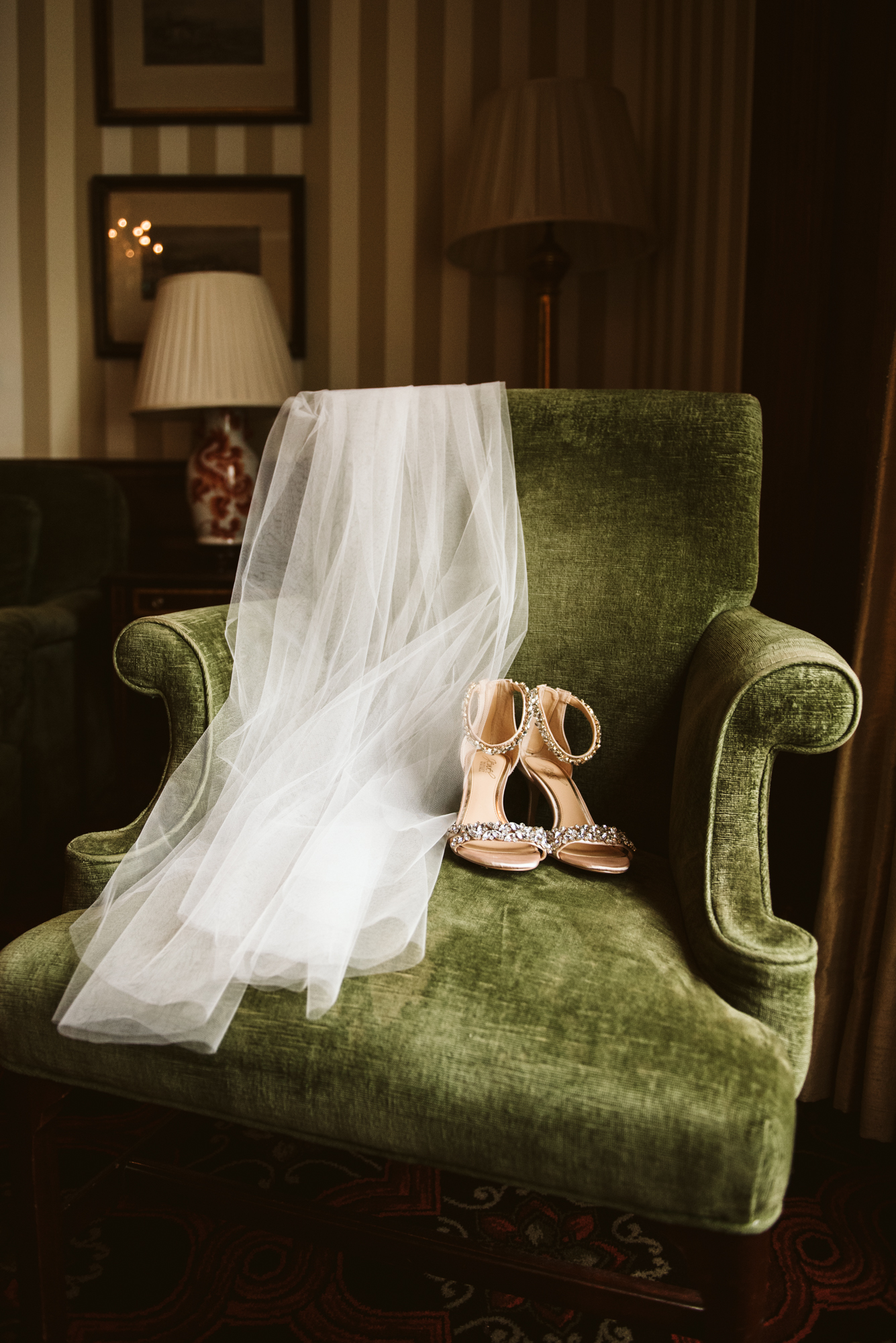 Elegant, Columbia Country Club, Chevy Chase Maryland, Baltimore Wedding Photographer, Classic, Traditional, Detail Photo of Veil and Shoes on Green Velvet Chair