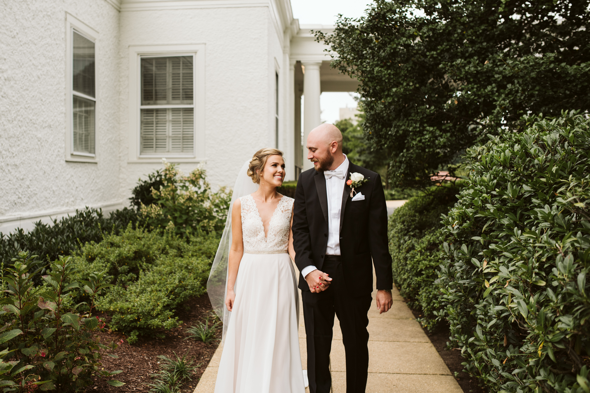 Elegant, Columbia Country Club, Chevy Chase Maryland, Baltimore Wedding Photographer, Classic, Traditional, Bride and Groom Holding Hands Walking, First Look Photo, BHLDN, Hugo Boss