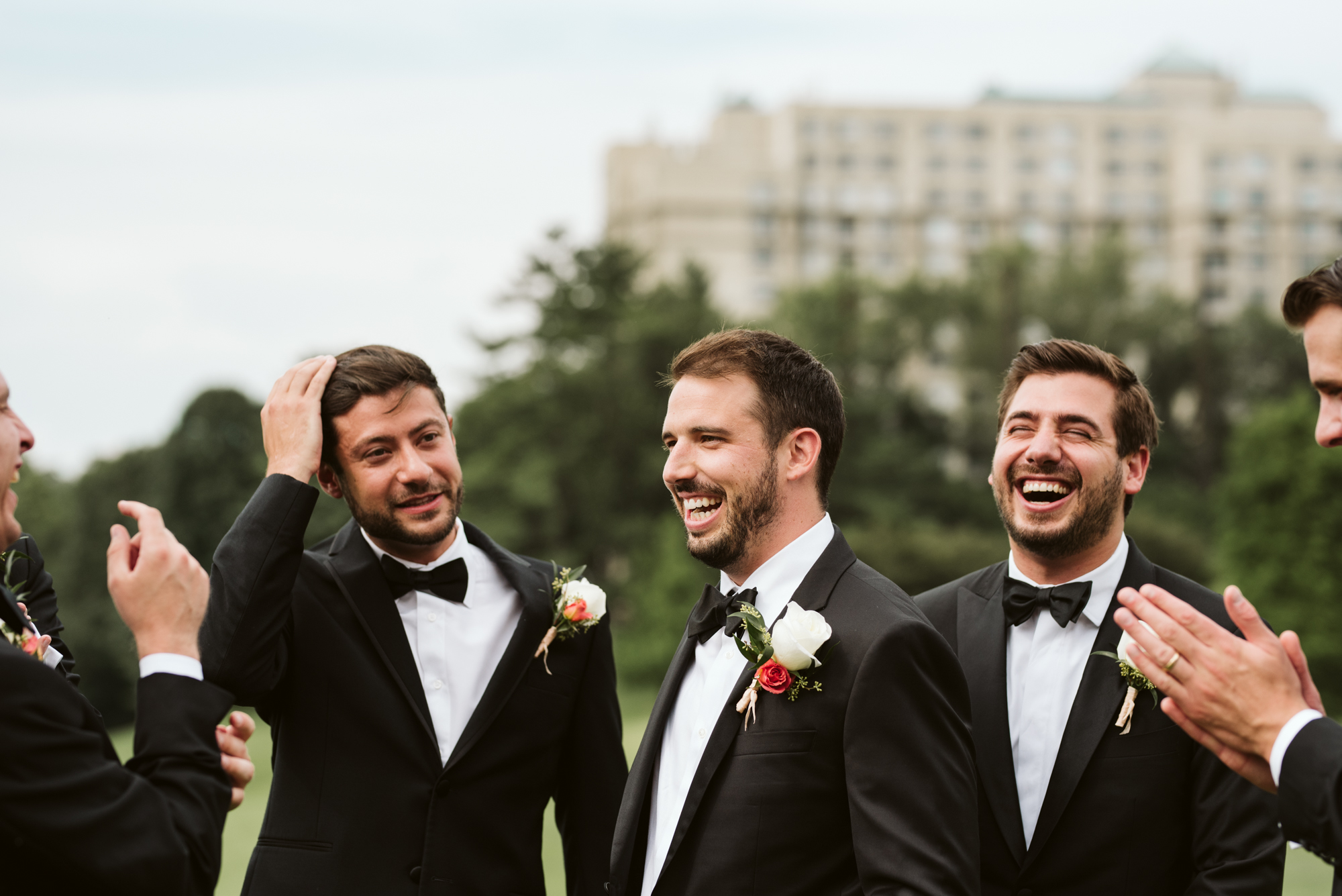 Elegant, Columbia Country Club, Chevy Chase Maryland, Baltimore Wedding Photographer, Classic, Traditional, Jewish Wedding, Groomsmen Laughing Before Ceremony, Candid Photo, Meg Owen Floral Designs