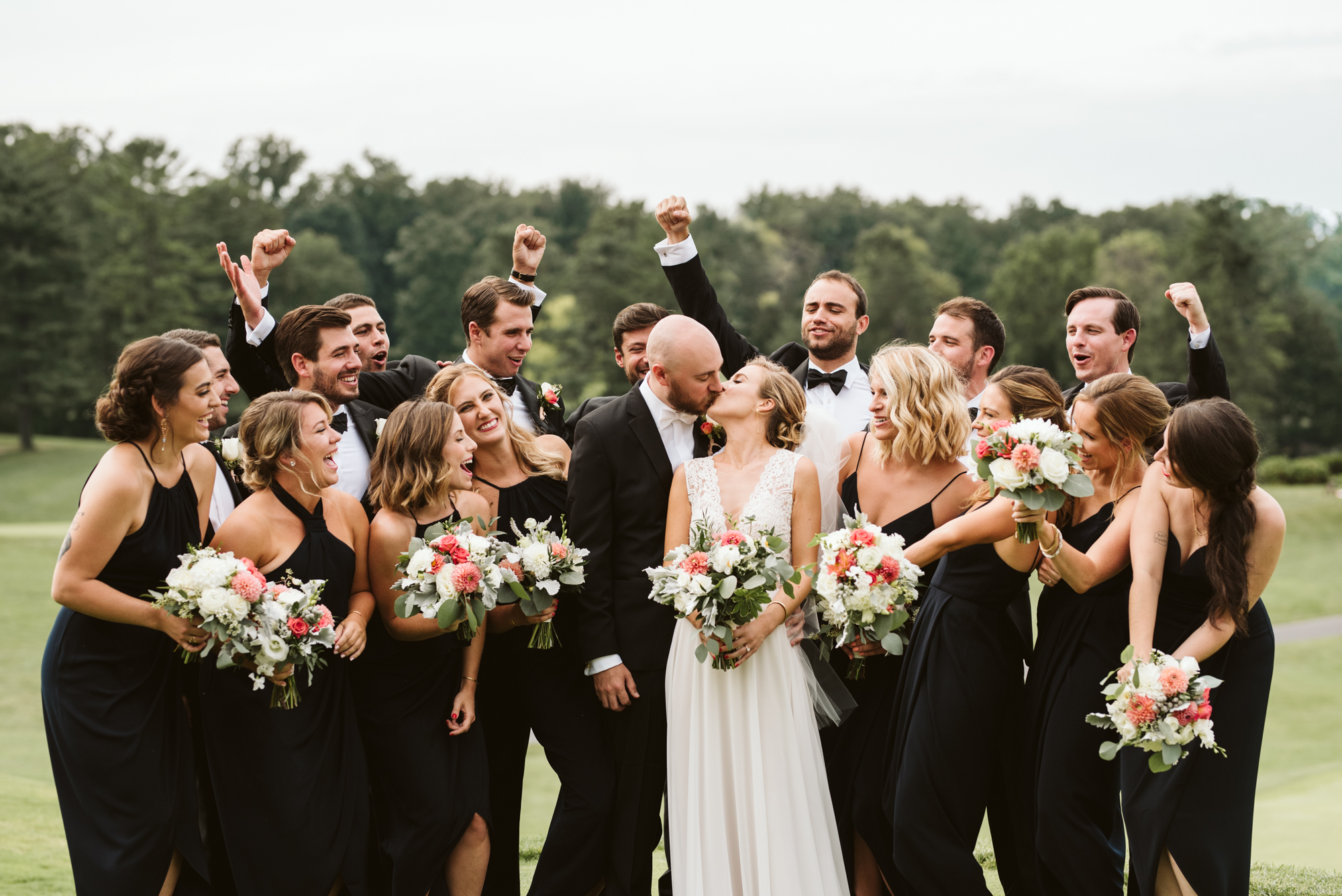 Elegant, Columbia Country Club, Chevy Chase Maryland, Baltimore Wedding Photographer, Classic, Traditional, BHLDN, Shona Joy, Golf Course, Bride and Groom Kissing with Wedding Party Cheering