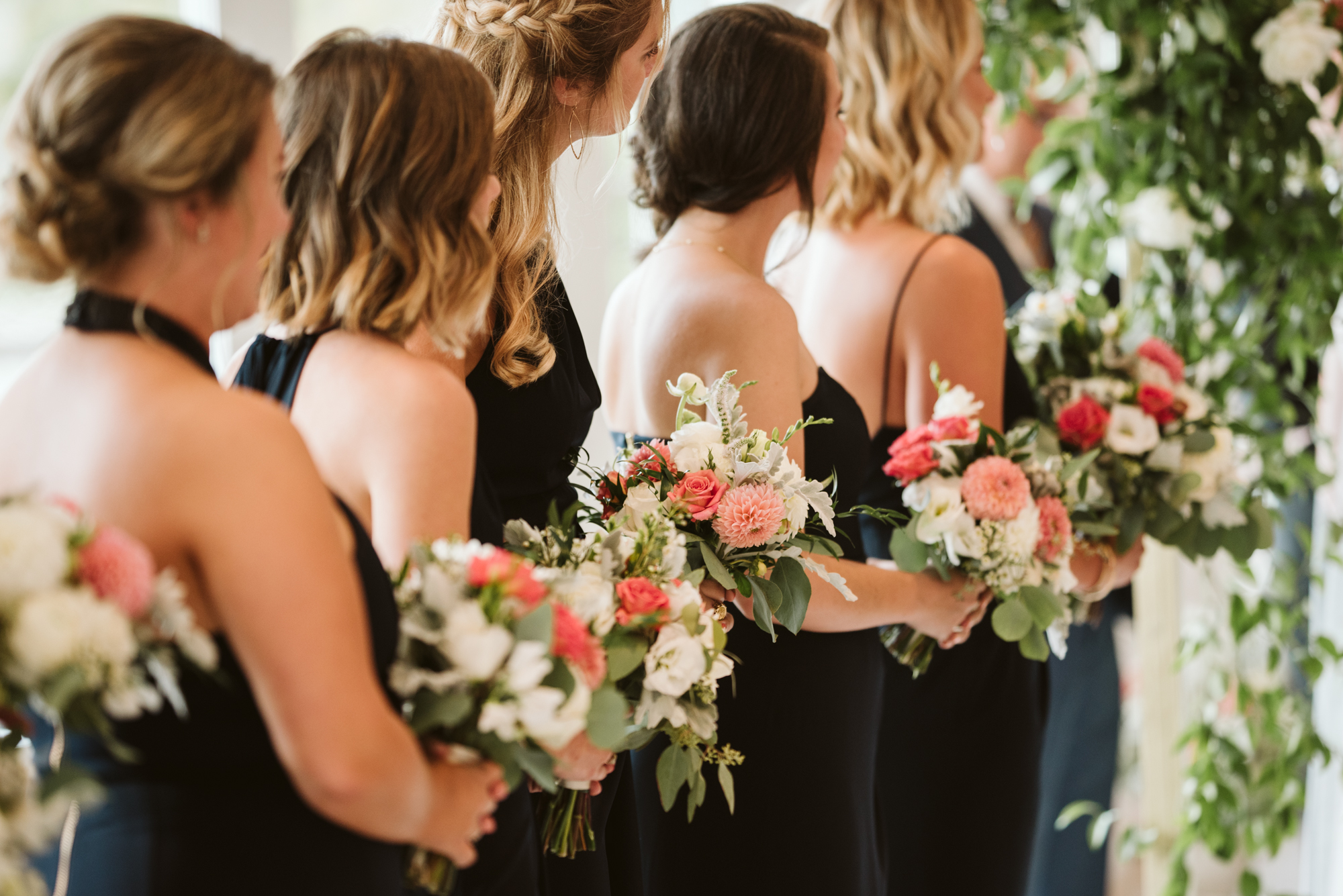 Elegant, Columbia Country Club, Chevy Chase Maryland, Baltimore Wedding Photographer, Classic, Traditional, Jewish Wedding, Bridesmaids with Black Shona Joy Dresses, Meg Owen Floral Designs