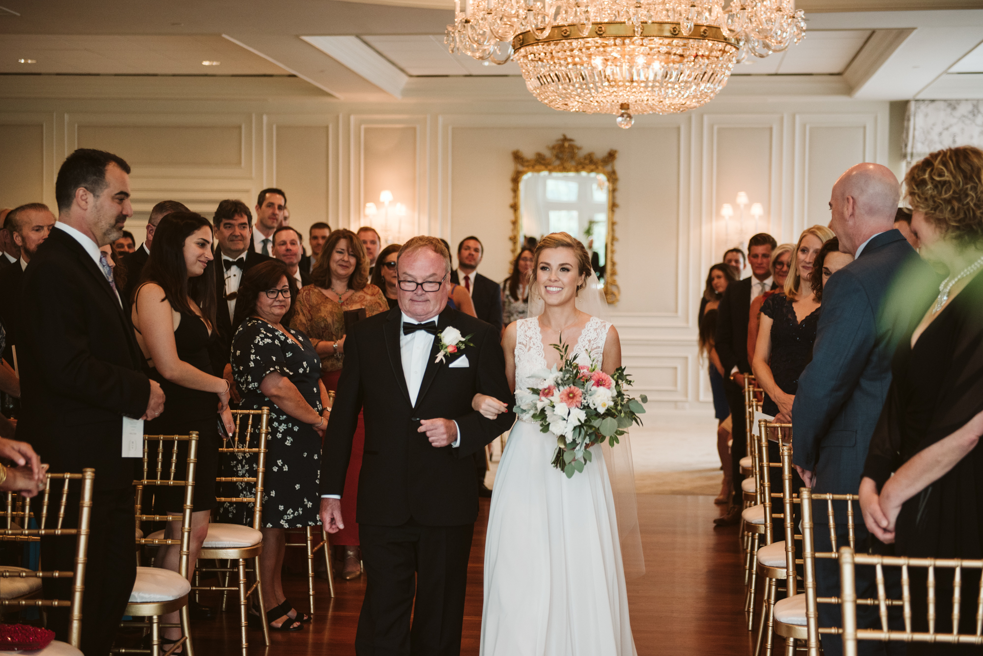 Elegant, Columbia Country Club, Chevy Chase Maryland, Baltimore Wedding Photographer, Classic, Traditional, Bride Walking Down Aisle with Her Father, BHLDN Wedding Dress