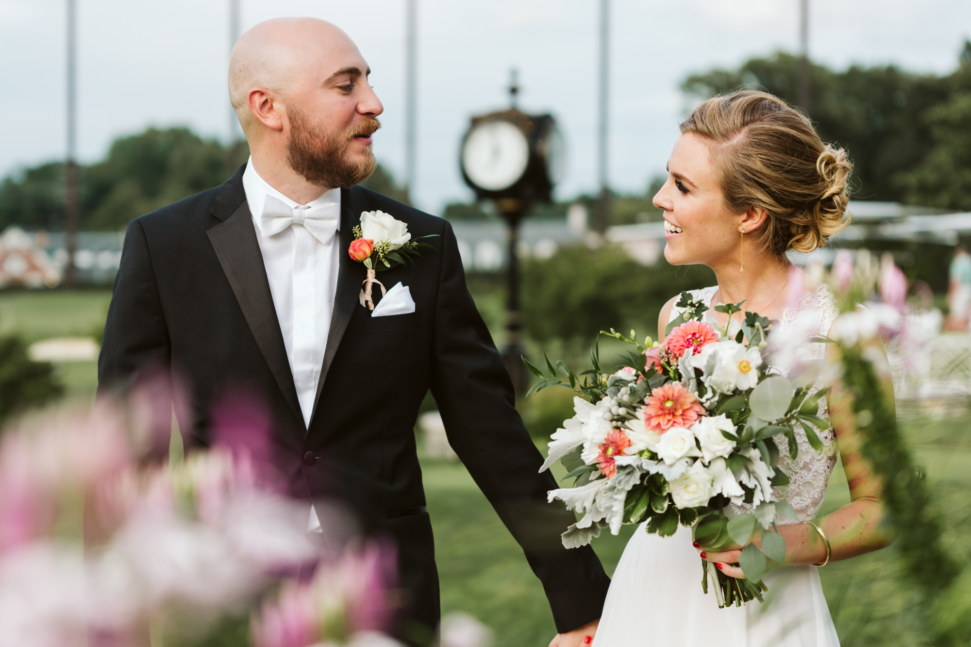 Elegant, Columbia Country Club, Chevy Chase Maryland, Baltimore Wedding Photographer, Classic, Traditional, Sweet Couple Walking Through Golf Course During Cocktail Hour