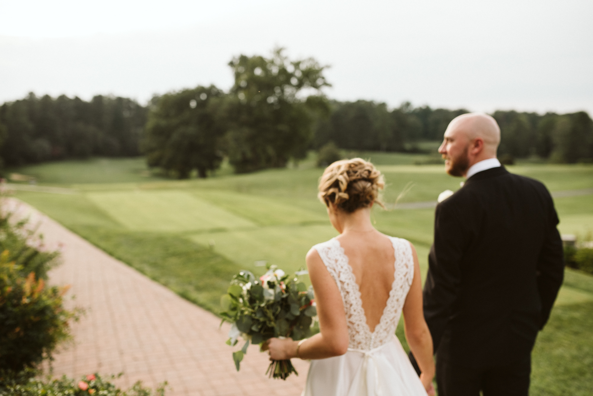 Elegant, Columbia Country Club, Chevy Chase Maryland, Baltimore Wedding Photographer, Classic, Traditional, Bridge and Groom Walking Holding Hands, BHLDN Dress, Lace Wedding Dress, Sweet Hairafter