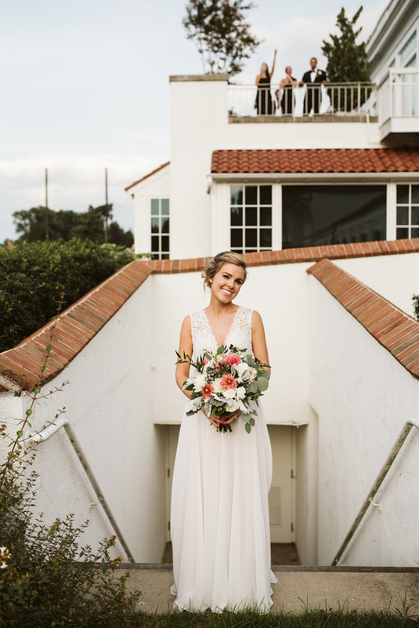 Elegant, Columbia Country Club, Chevy Chase Maryland, Baltimore Wedding Photographer, Classic, Bride Portrait in Front of Brick and Stucco Structure