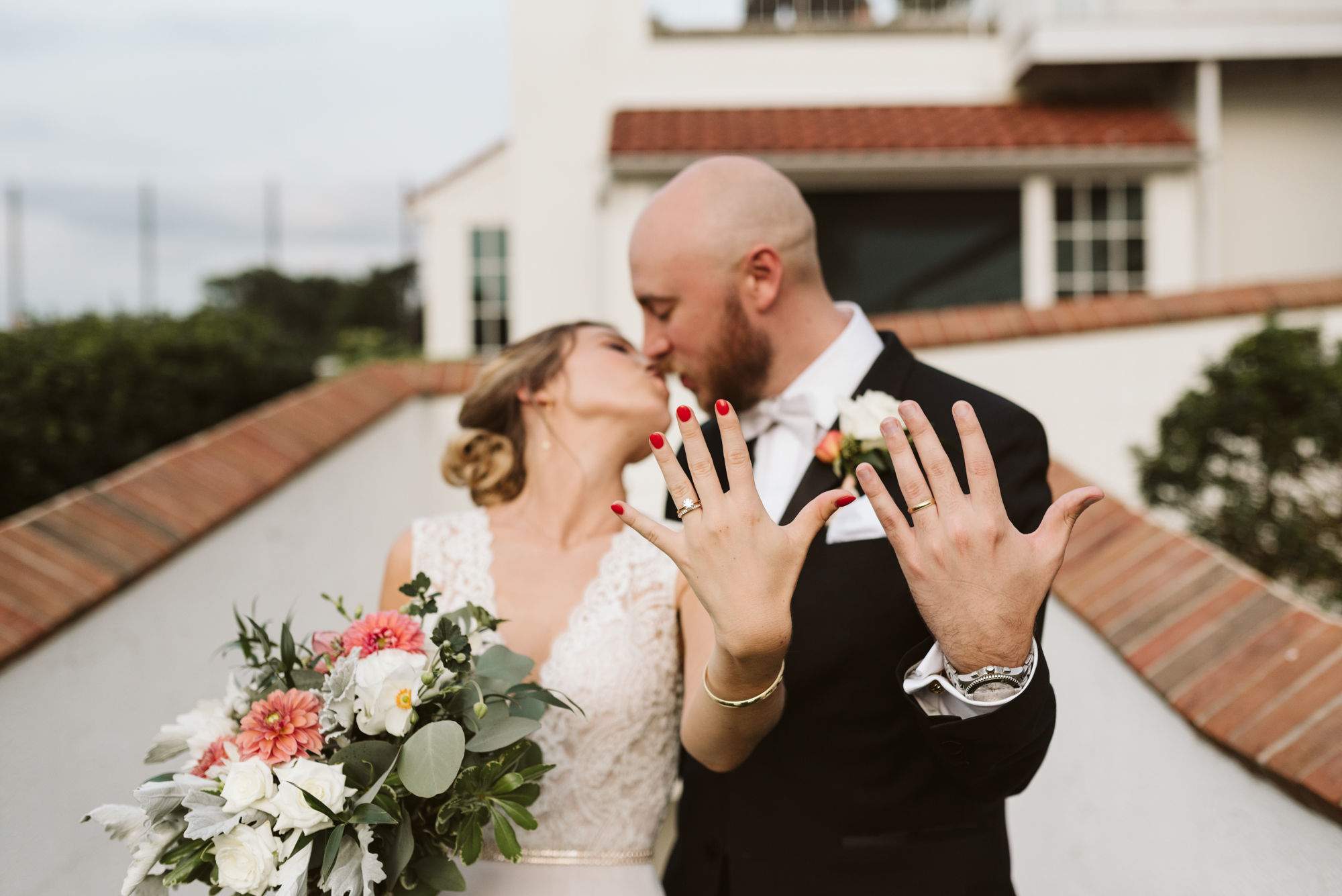 Elegant, Columbia Country Club, Chevy Chase Maryland, Baltimore Wedding Photographer, Classic, Bride and groom Kissing and Showing Off Boone &amp; Sons Rings