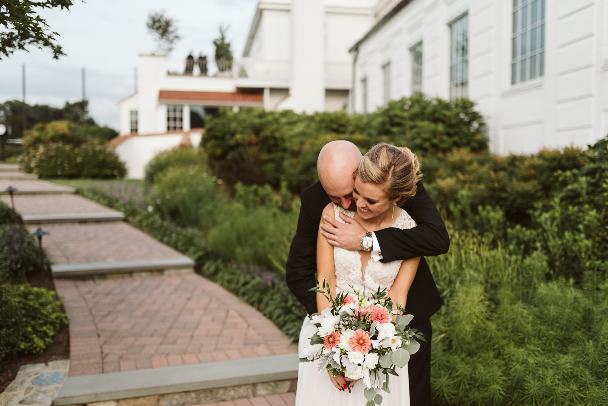 Elegant, Columbia Country Club, Chevy Chase Maryland, Baltimore Wedding Photographer, Classic, Traditional, Groom Holding Bride from Behind, Happy Couple, Meg Owen Floral Designs