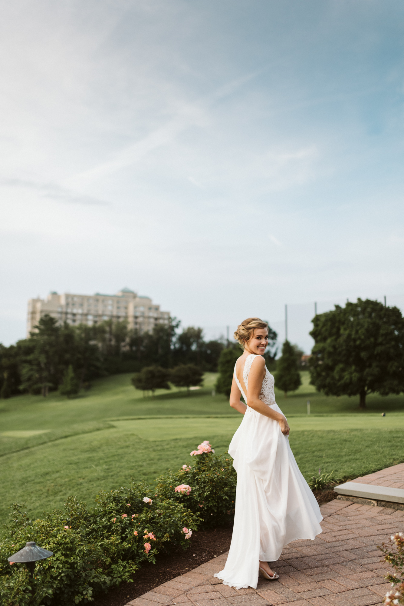 Elegant, Columbia Country Club, Chevy Chase Maryland, Baltimore Wedding Photographer, Classic, Traditional, Beautiful Bride Walking Down Path at Sunset, BHLDN Wedding Dress
