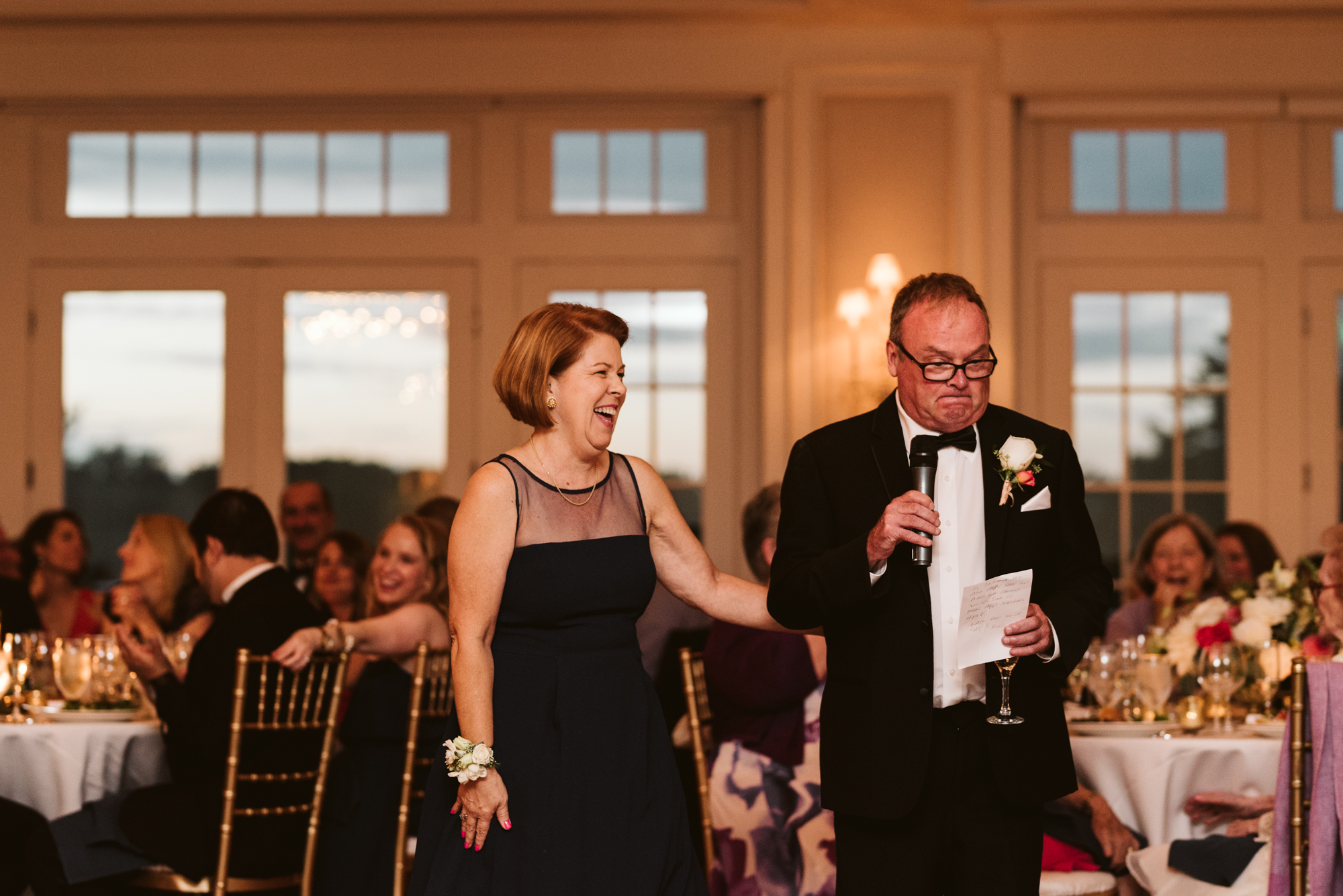 Elegant, Columbia Country Club, Chevy Chase Maryland, Baltimore Wedding Photographer, Classic, Traditional, Mom and Dad Giving Toasts at Wedding Reception, Wedding Guests Laughing