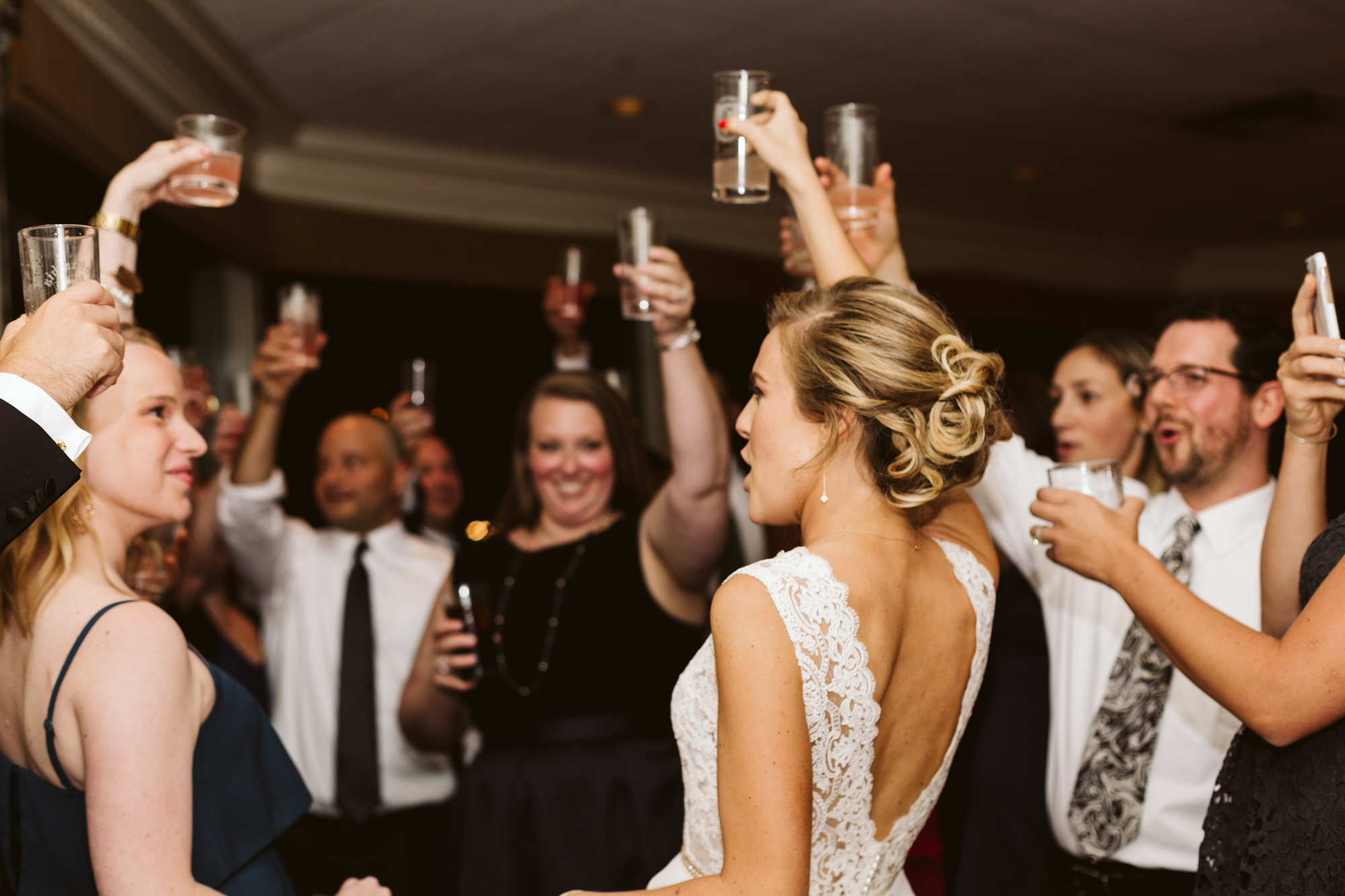 Elegant, Columbia Country Club, Chevy Chase Maryland, Baltimore Wedding Photographer, Classic, Traditional, Family Doing a Shot During Reception, Raising a Glass, Bride Toasting