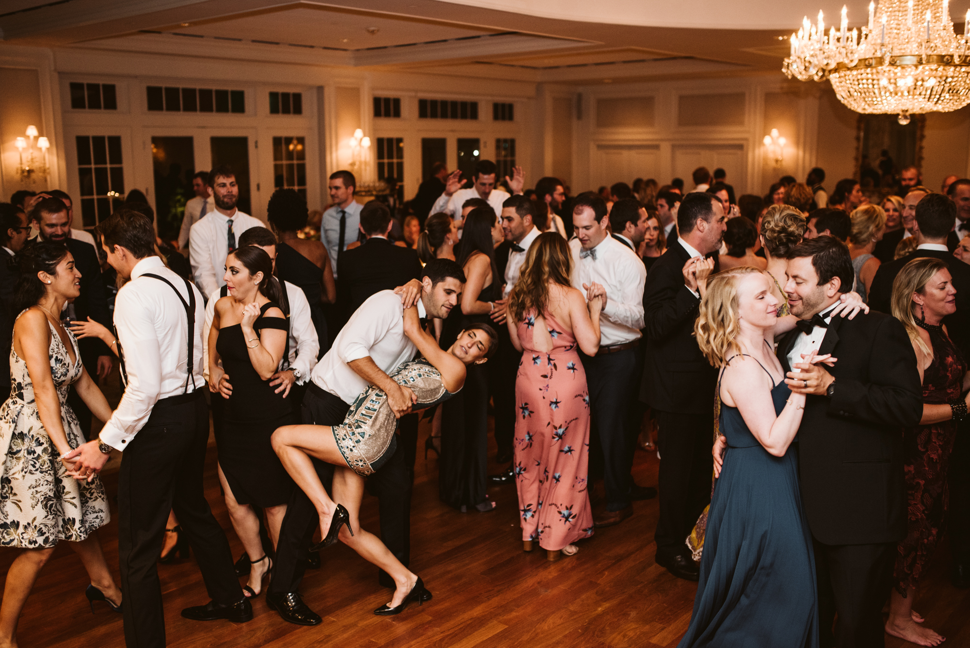 Elegant, Columbia Country Club, Chevy Chase Maryland, Baltimore Wedding Photographer, Classic, Traditional, Guests Dancing at Wedding Reception, Dramatic Wide Photo, Bachelor Boys Band