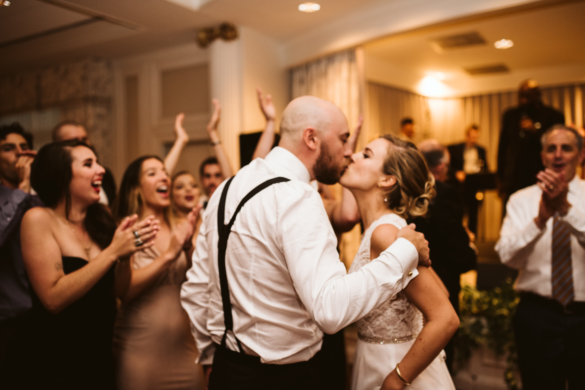 Elegant, Columbia Country Club, Chevy Chase Maryland, Baltimore Wedding Photographer, Classic, Jewish Wedding, Bride and Groom Kissing at Wedding Reception, End Of the Night